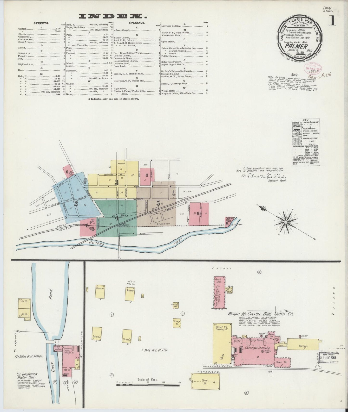 Sanborn Fire Insurance Map from Palmer, Hampden County, Massachusetts (1896), Sheet #0001 - Historic Sanborn Fire Insurance Map Print, vintage old map wall art, antique decor, genealogy gift, Massachusetts Massachusetts map