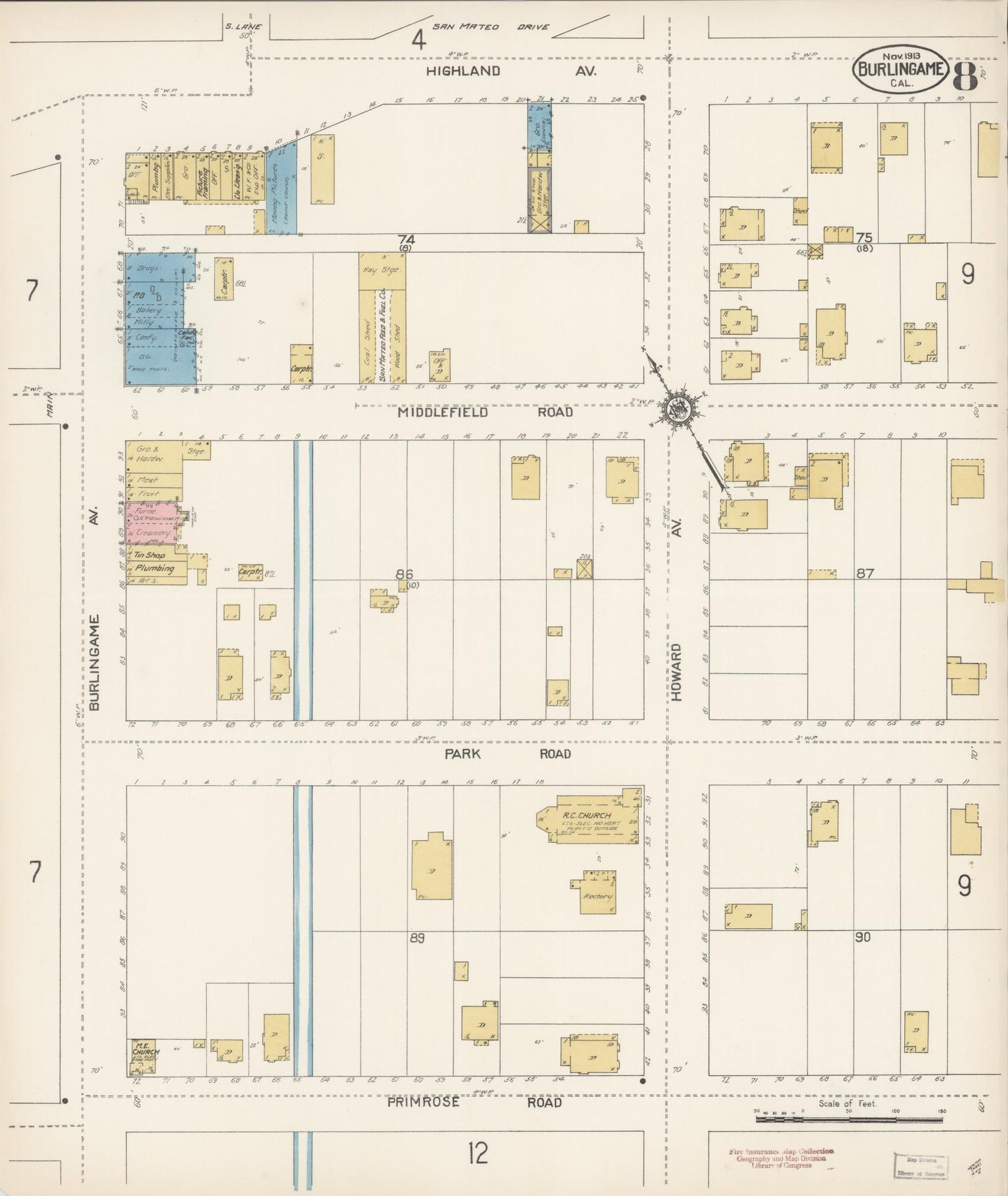Sanborn Fire Insurance Map from Burlingame, San Mateo County, California (1913), Sheet #0008 - Complete Map Set gallery image, historic Sanborn map, vintage wall art, California California