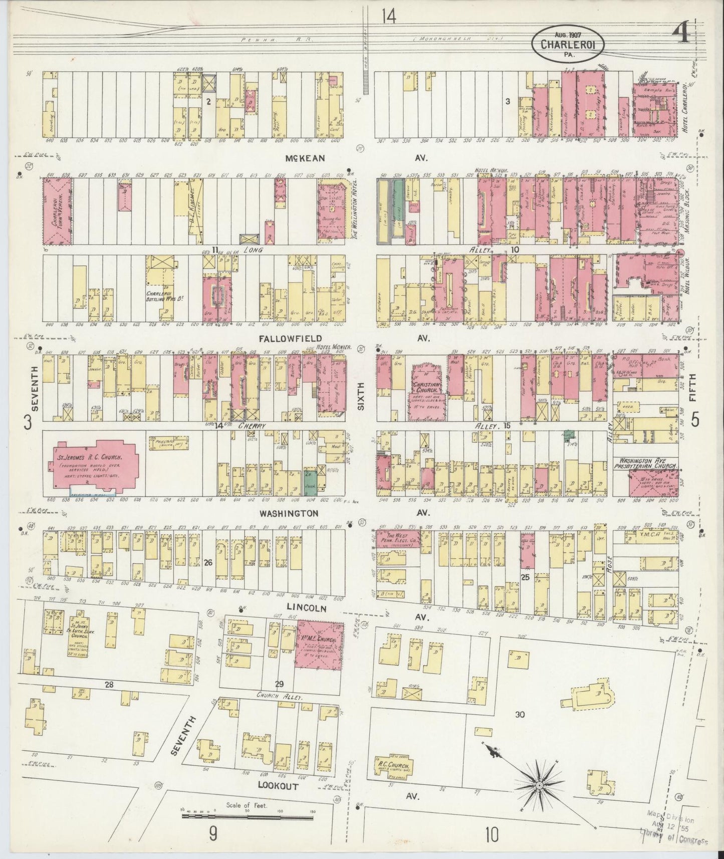 Sanborn Fire Insurance Map from Charleroi, Washington County, Pennsylvania (1907), Sheet #0004 - Historic Sanborn Fire Insurance Map Print, vintage old map wall art, antique decor, genealogy gift, Pennsylvania Pennsylvania map