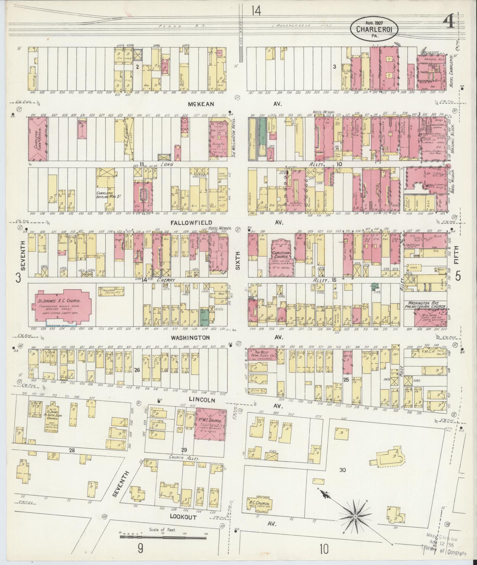 Sanborn Fire Insurance Map from Charleroi, Washington County, Pennsylvania (1907), Sheet #0004 - Historic Sanborn Fire Insurance Map Print, vintage old map wall art, antique decor, genealogy gift, Pennsylvania Pennsylvania map