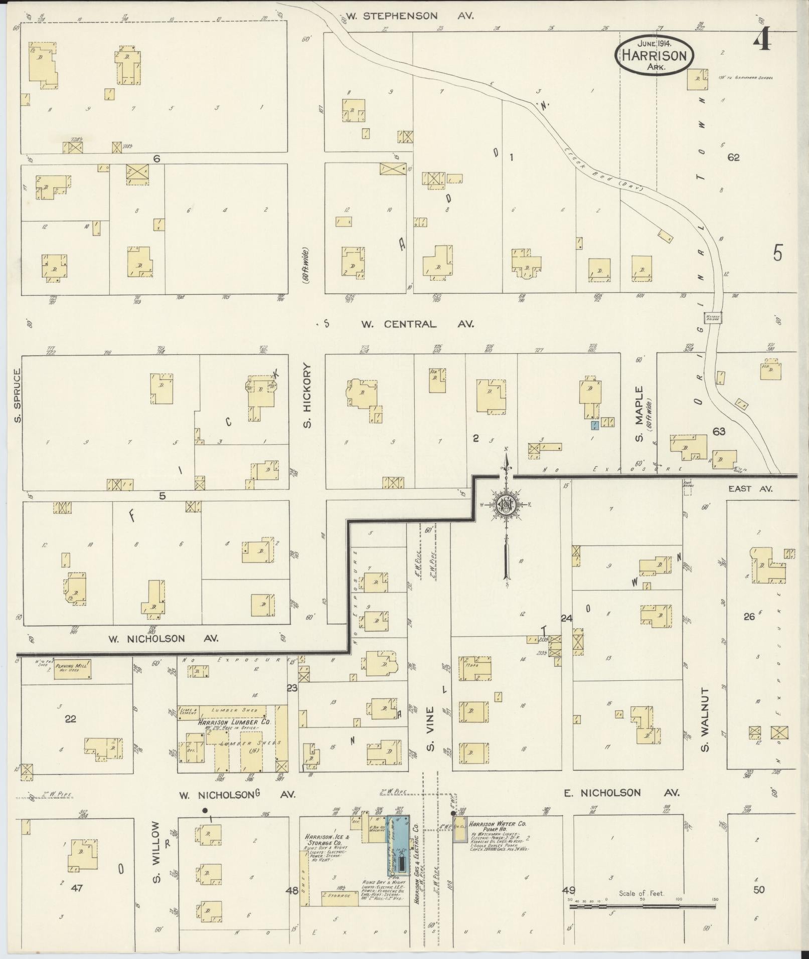 Sanborn Fire Insurance Map from Harrison, Boone County, Arkansas (1914), Sheet #0004 - Historic Sanborn Fire Insurance Map Print, vintage old map wall art, antique decor, genealogy gift, Arkansas Arkansas map