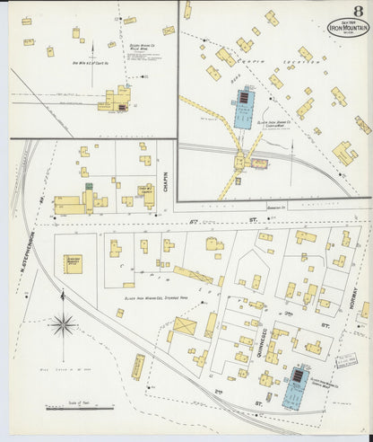 Sanborn Fire Insurance Map from Iron Mountain, Dickinson County, Michigan (1904), Sheet #0008 - Complete Map Set gallery image, historic Sanborn map, vintage wall art, Michigan Michigan