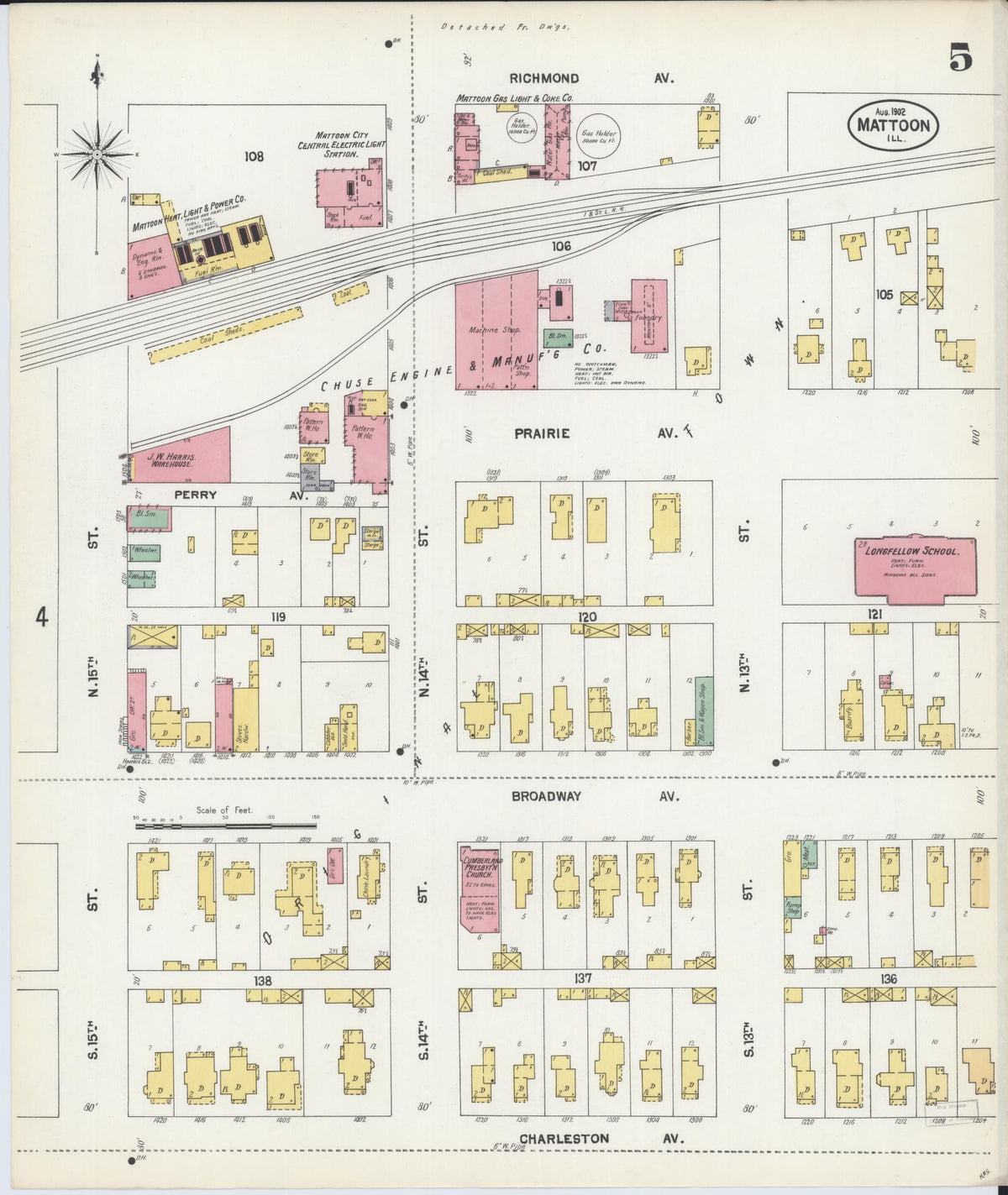 Sanborn Fire Insurance Map from Mattoon, Coles County, Illinois (1902), Sheet #0005 - Historic Sanborn Fire Insurance Map Print, vintage old map wall art, antique decor, genealogy gift, Illinois Illinois map