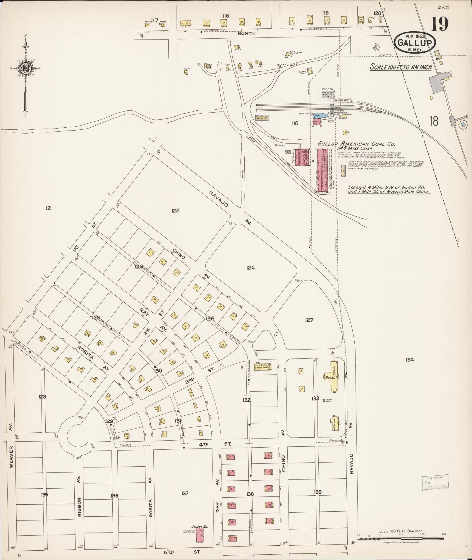 Sanborn Fire Insurance Map from Gallup, Mckinley County, New Mexico (1922), Sheet #0019 - Historic Sanborn Fire Insurance Map Print, vintage old map wall art, antique decor, genealogy gift, New Mexico New Mexico map