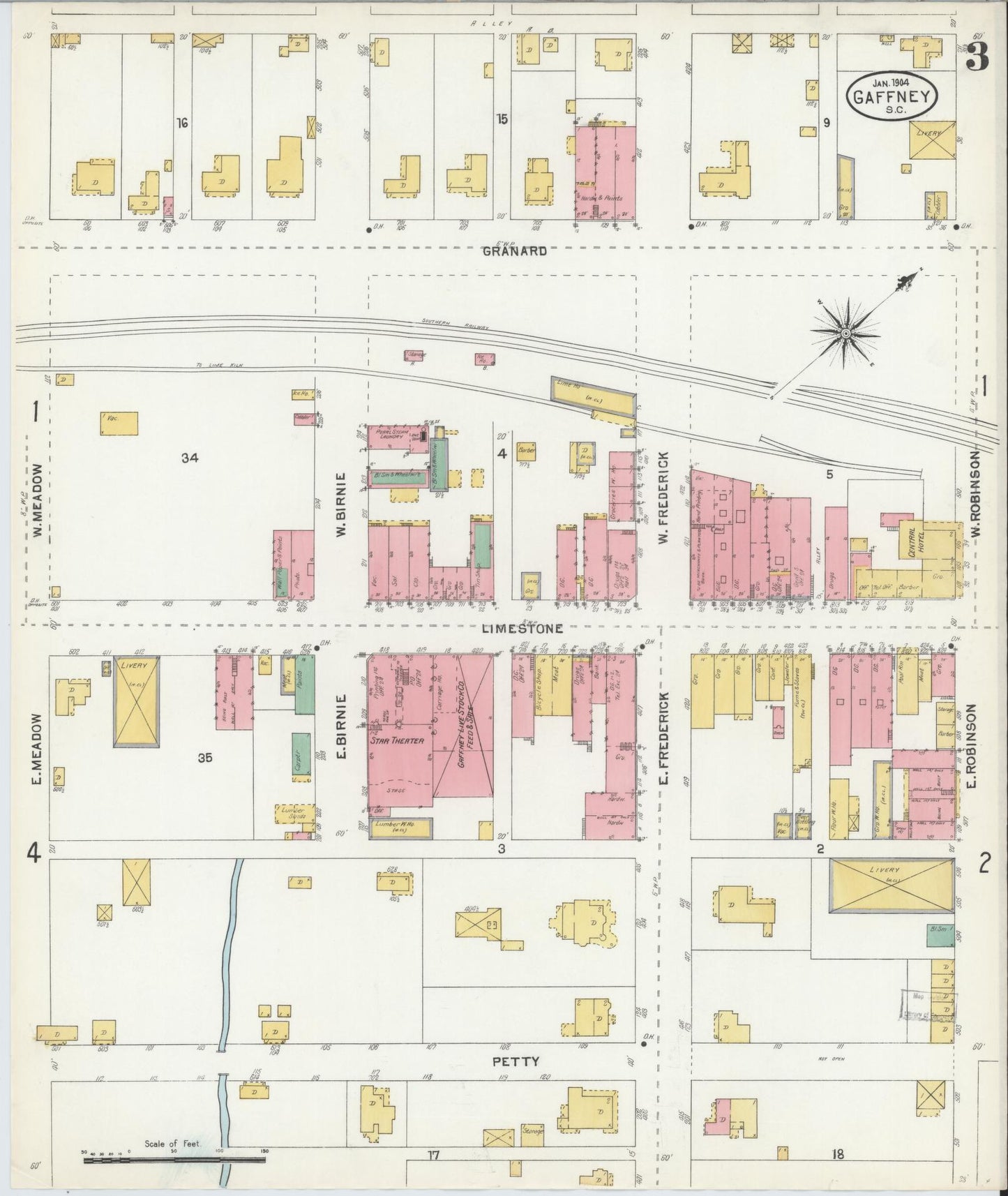 Sanborn Fire Insurance Map from Gaffney, Cherokee County, South Carolina (1904), Sheet #0003 - Complete Map Set gallery image, historic Sanborn map, vintage wall art, South Carolina South Carolina