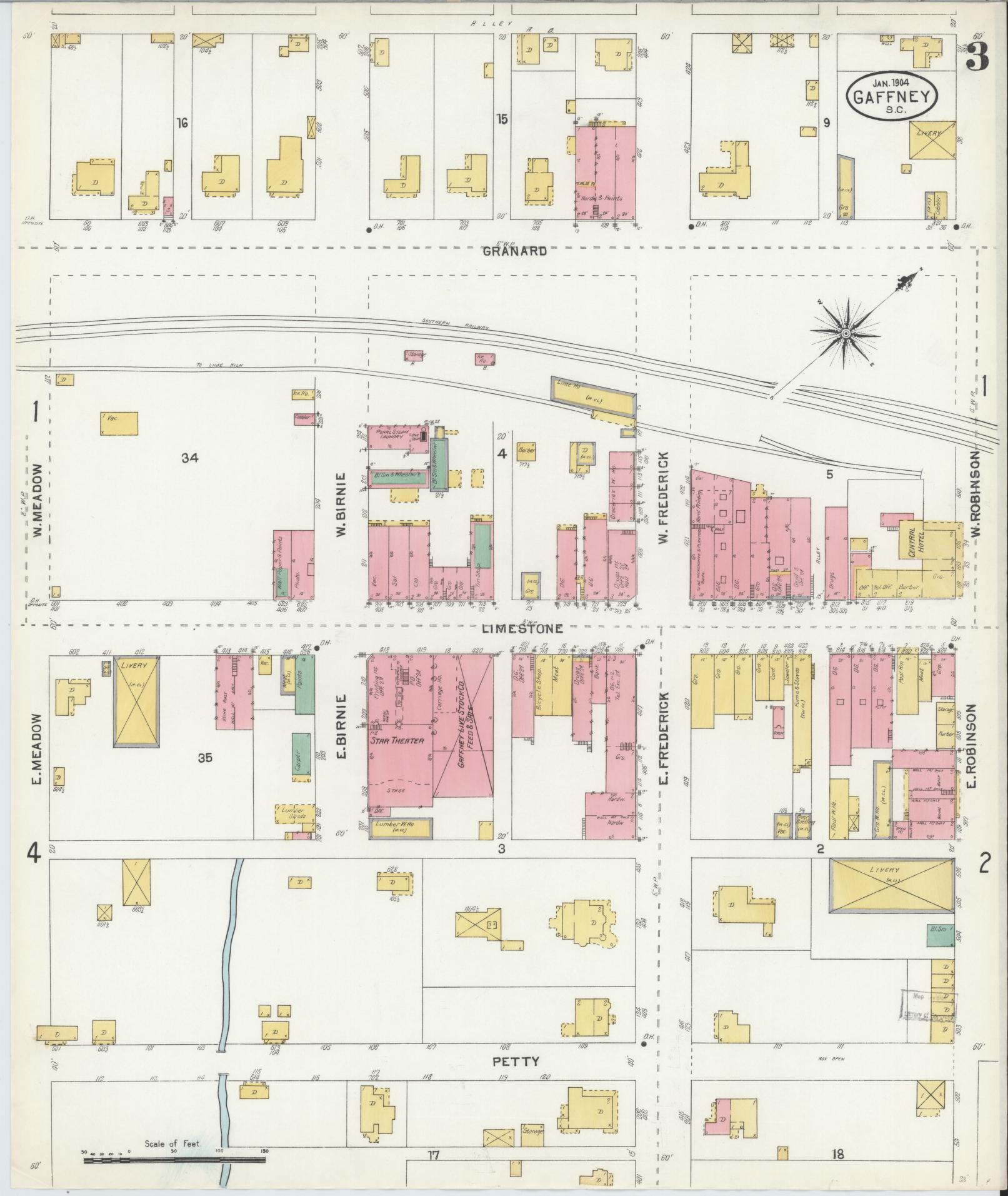 Sanborn Fire Insurance Map from Gaffney, Cherokee County, South Carolina (1904), Sheet #0003 - Complete Map Set gallery image, historic Sanborn map, vintage wall art, South Carolina South Carolina