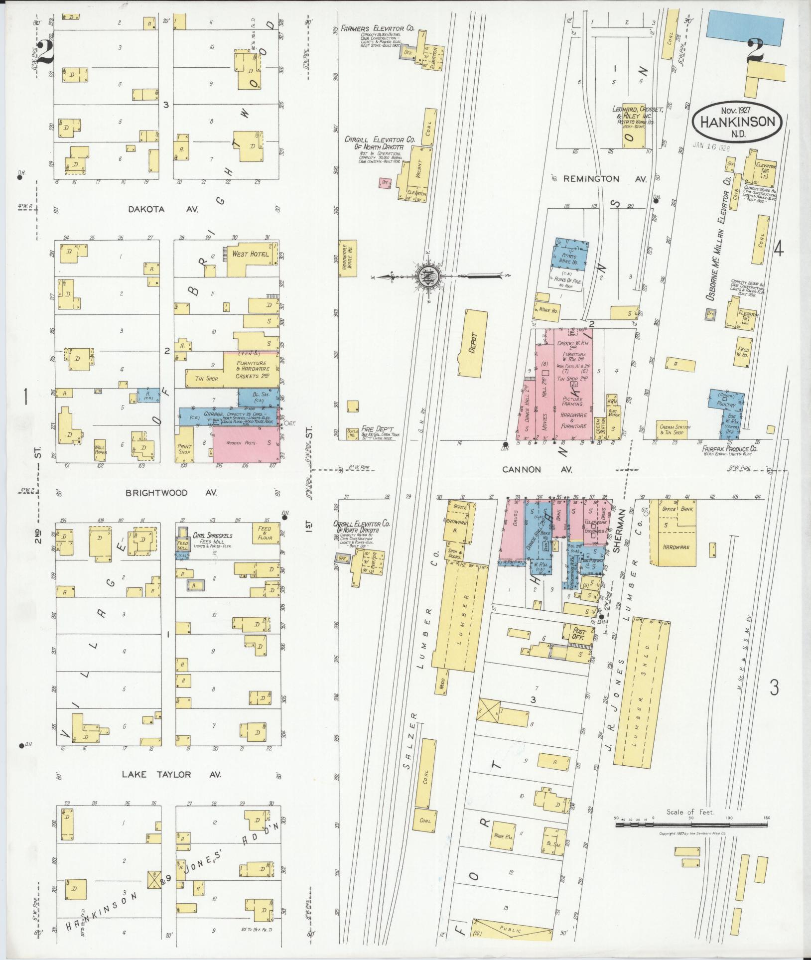 Sanborn Fire Insurance Map from Hankinson, Richland County, North Dakota (1927), Sheet #0002 - Historic Sanborn Fire Insurance Map Print, vintage old map wall art, antique decor, genealogy gift, North Dakota North Dakota map