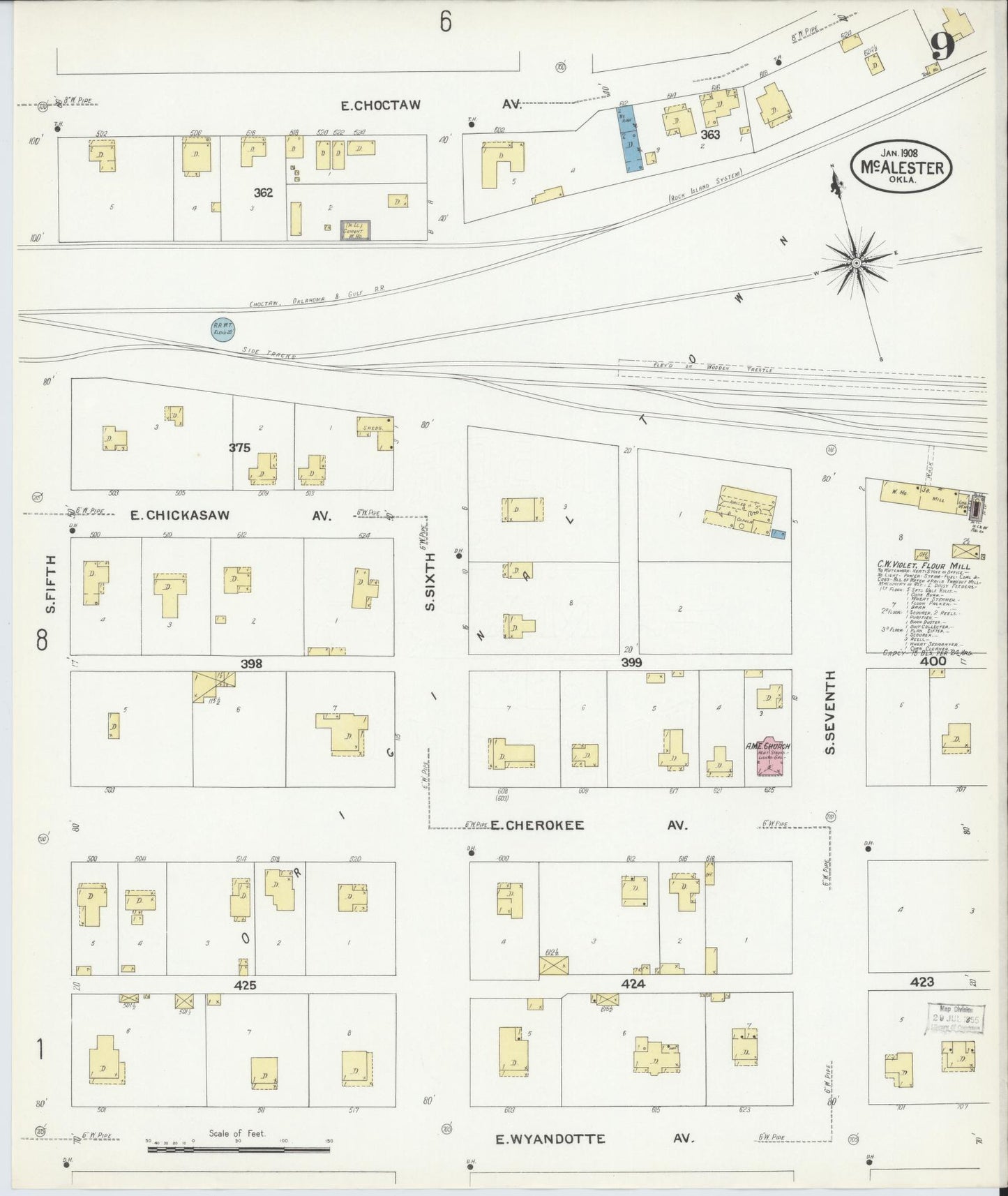 Sanborn Fire Insurance Map from McAlester, Pittsburg County, Oklahoma (1908), Sheet #0009 - Historic Sanborn Fire Insurance Map Print, vintage old map wall art, antique decor, genealogy gift, Oklahoma Oklahoma map
