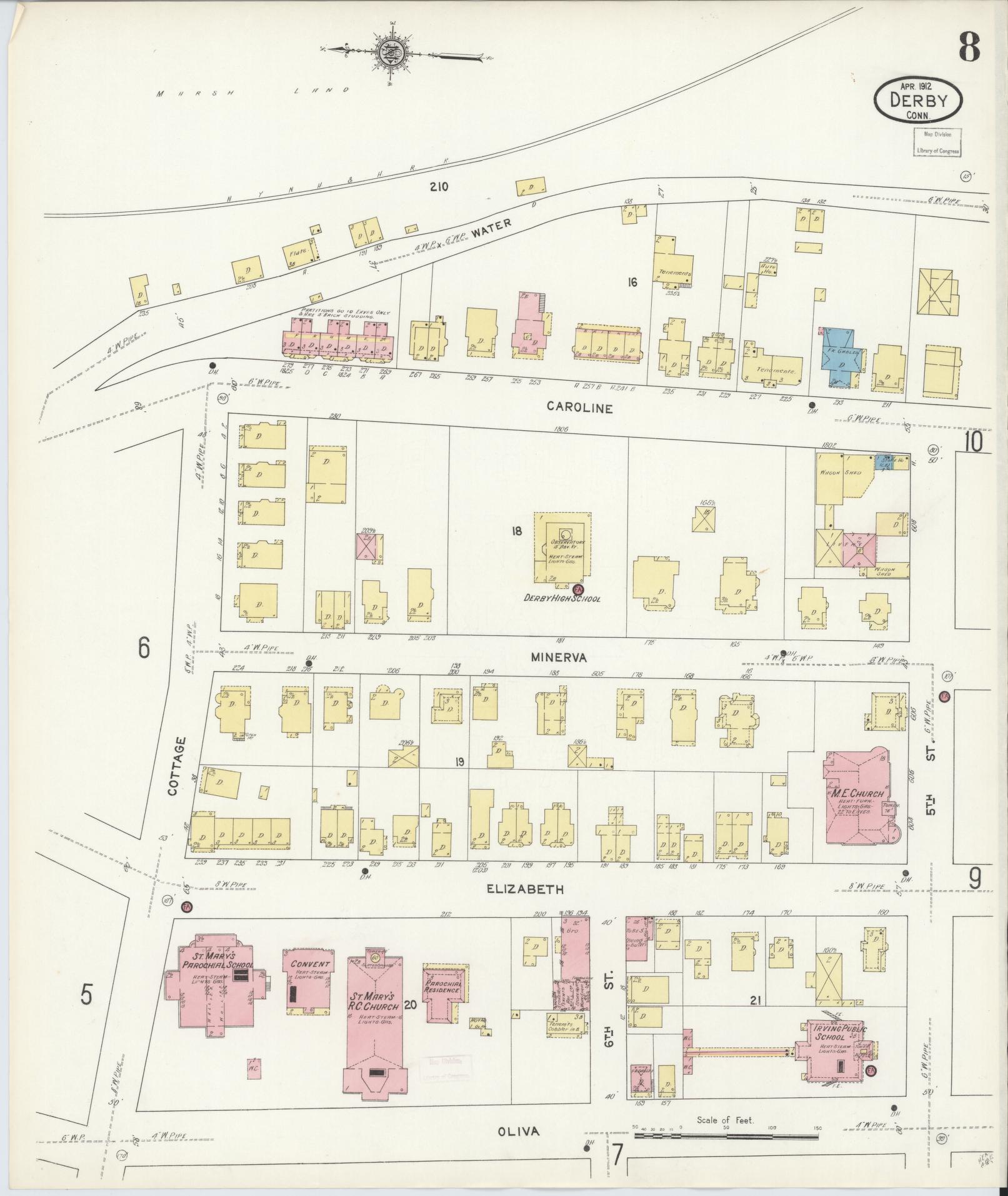 Sanborn Fire Insurance Map from Derby, New Haven County, Connecticut (1912), Sheet #0008 - Complete Map Set gallery image, historic Sanborn map, vintage wall art, Connecticut Connecticut
