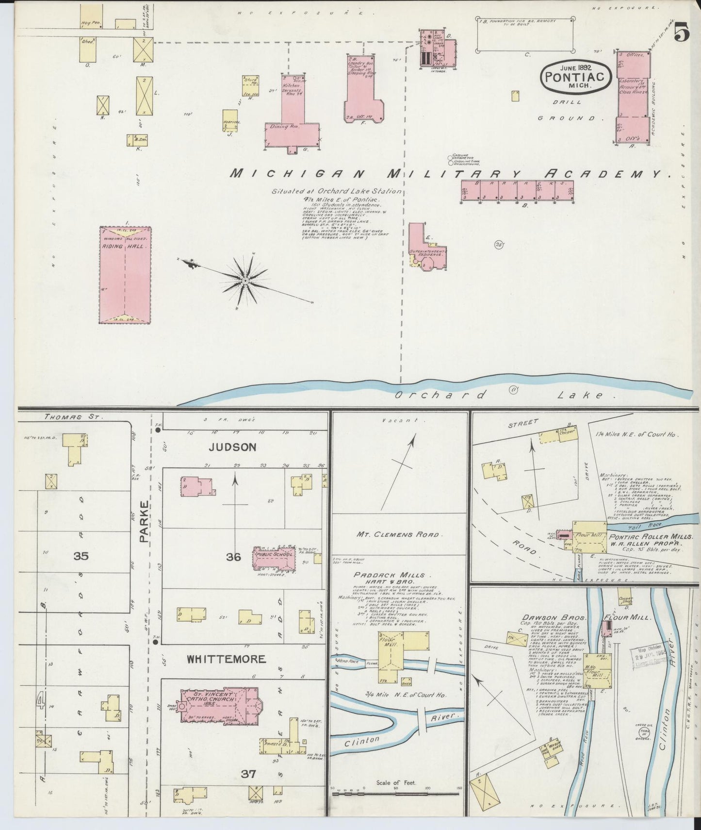 Sanborn Fire Insurance Map from Pontiac, Oakland County, Michigan (1892), Sheet #0005 - Historic Sanborn Fire Insurance Map Print, vintage old map wall art, antique decor, genealogy gift, Michigan Michigan map