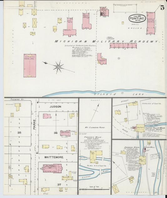 Sanborn Fire Insurance Map from Pontiac, Oakland County, Michigan (1892), Sheet #0005 - Historic Sanborn Fire Insurance Map Print, vintage old map wall art, antique decor, genealogy gift, Michigan Michigan map
