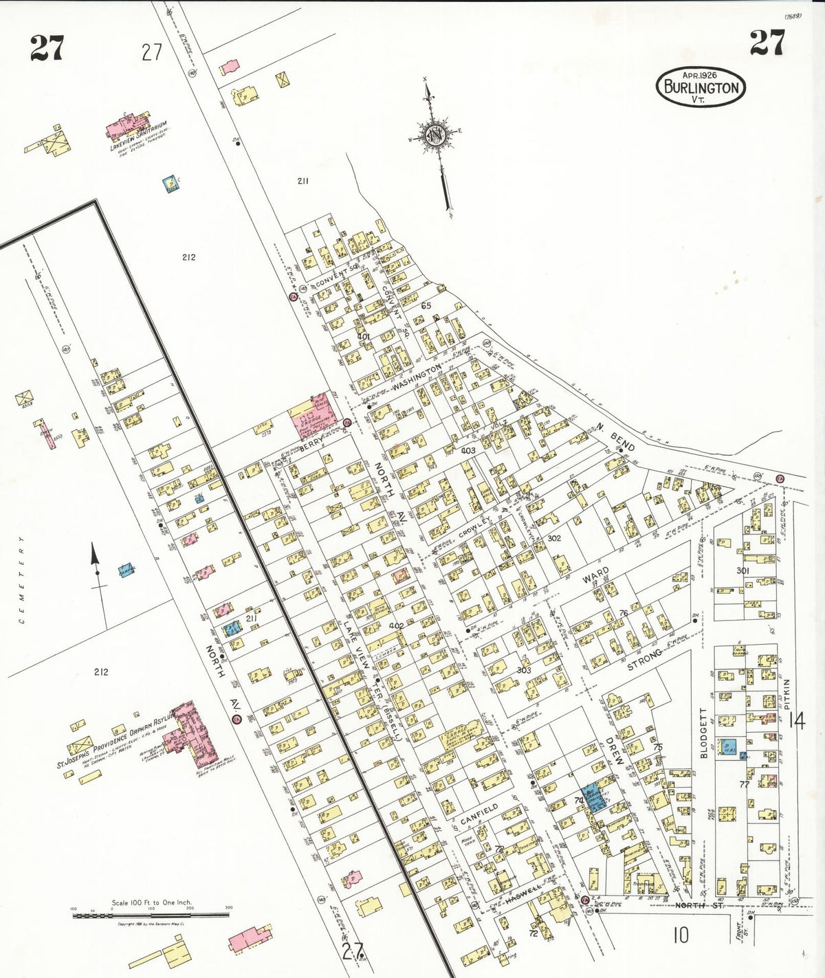 Sanborn Fire Insurance Map from Burlington, Chittenden County, Vermont (1926), Sheet #0027 - Complete Map Set gallery image, historic Sanborn map, vintage wall art, Vermont Vermont