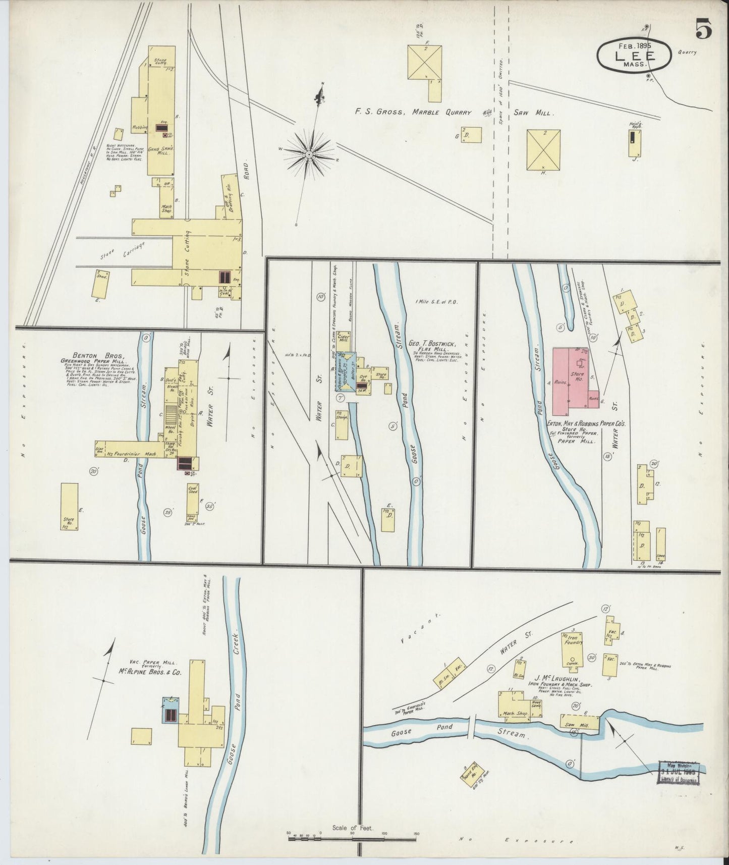 Sanborn Fire Insurance Map from Lee, Berkshire County, Massachusetts (1895), Sheet #0005 - Historic Sanborn Fire Insurance Map Print, vintage old map wall art, antique decor, genealogy gift, Massachusetts Massachusetts map