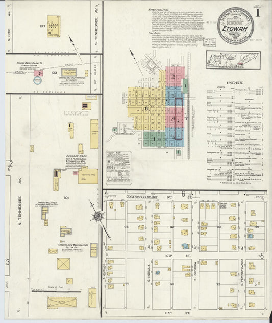 Sanborn Fire Insurance Map from Etowah, McMinn County, Tennessee (1916), Sheet #0001 - Complete Map Set gallery image, historic Sanborn map, vintage wall art, Tennessee Tennessee