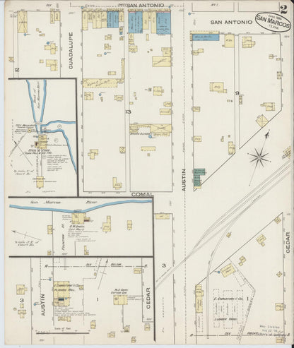 Sanborn Fire Insurance Map from San Marcos, Hays County, Texas (1885), Sheet #0002 - Complete Map Set gallery image, historic Sanborn map, vintage wall art, Texas Texas