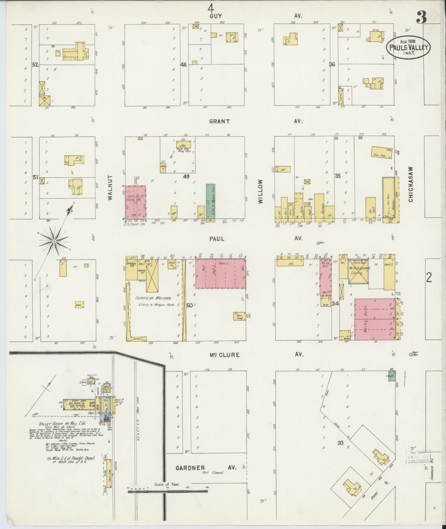 Sanborn Fire Insurance Map from Pauls Valley, Garvin County, Oklahoma (1898), Sheet #0003 - Complete Map Set gallery image, historic Sanborn map, vintage wall art, Oklahoma Oklahoma