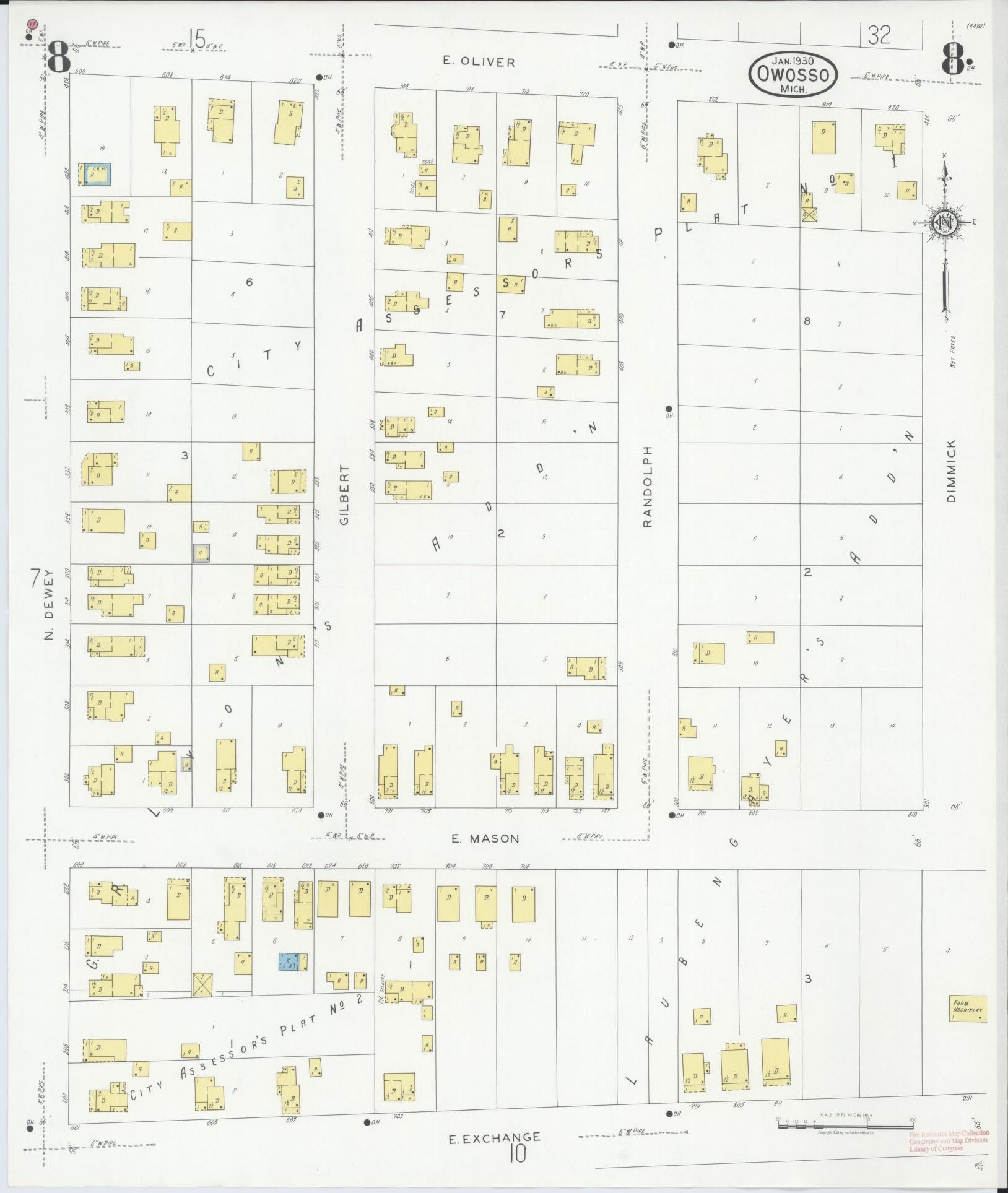 Sanborn Fire Insurance Map from Owosso, Shiawassee County, Michigan (1930), Sheet #0008 - Complete Map Set gallery image, historic Sanborn map, vintage wall art, Michigan Michigan