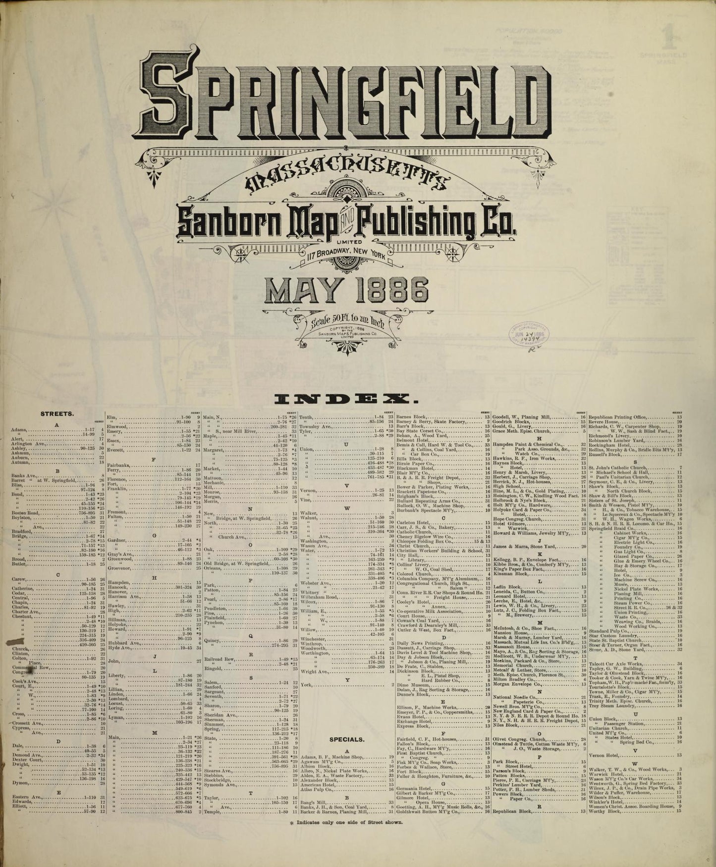 Sanborn Fire Insurance Map from Springfield, Hampden County, Massachusetts (1886), Sheet #0001 - Historic Sanborn Fire Insurance Map Print, vintage old map wall art, antique decor, genealogy gift, Massachusetts Massachusetts map