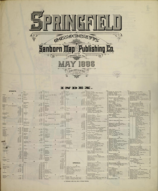 Sanborn Fire Insurance Map from Springfield, Hampden County, Massachusetts (1886), Sheet #0001 - Historic Sanborn Fire Insurance Map Print, vintage old map wall art, antique decor, genealogy gift, Massachusetts Massachusetts map