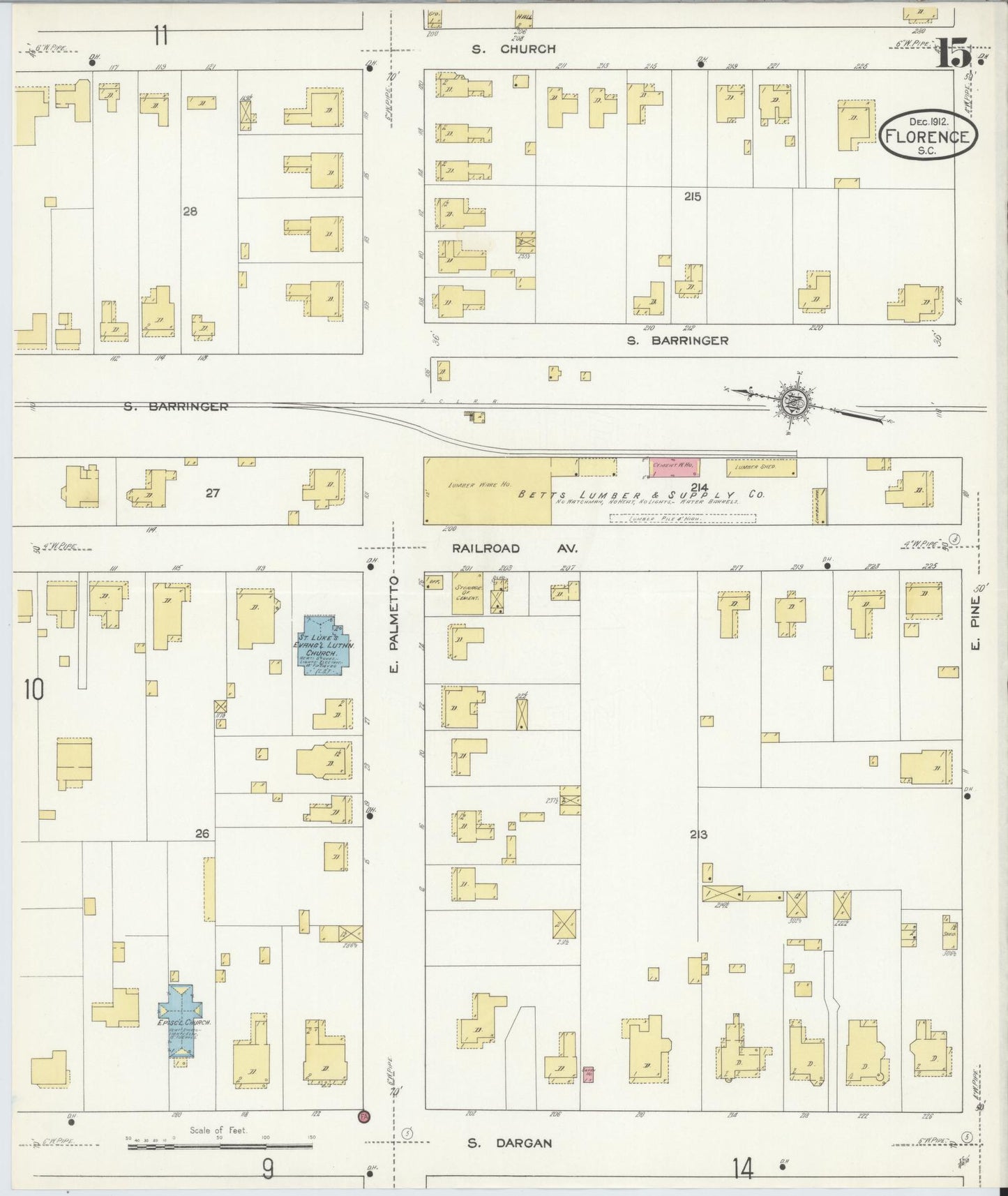 Sanborn Fire Insurance Map from Florence, Florence County, South Carolina (1912), Sheet #0015 - Historic Sanborn Fire Insurance Map Print, vintage old map wall art, antique decor, genealogy gift, South Carolina South Carolina map