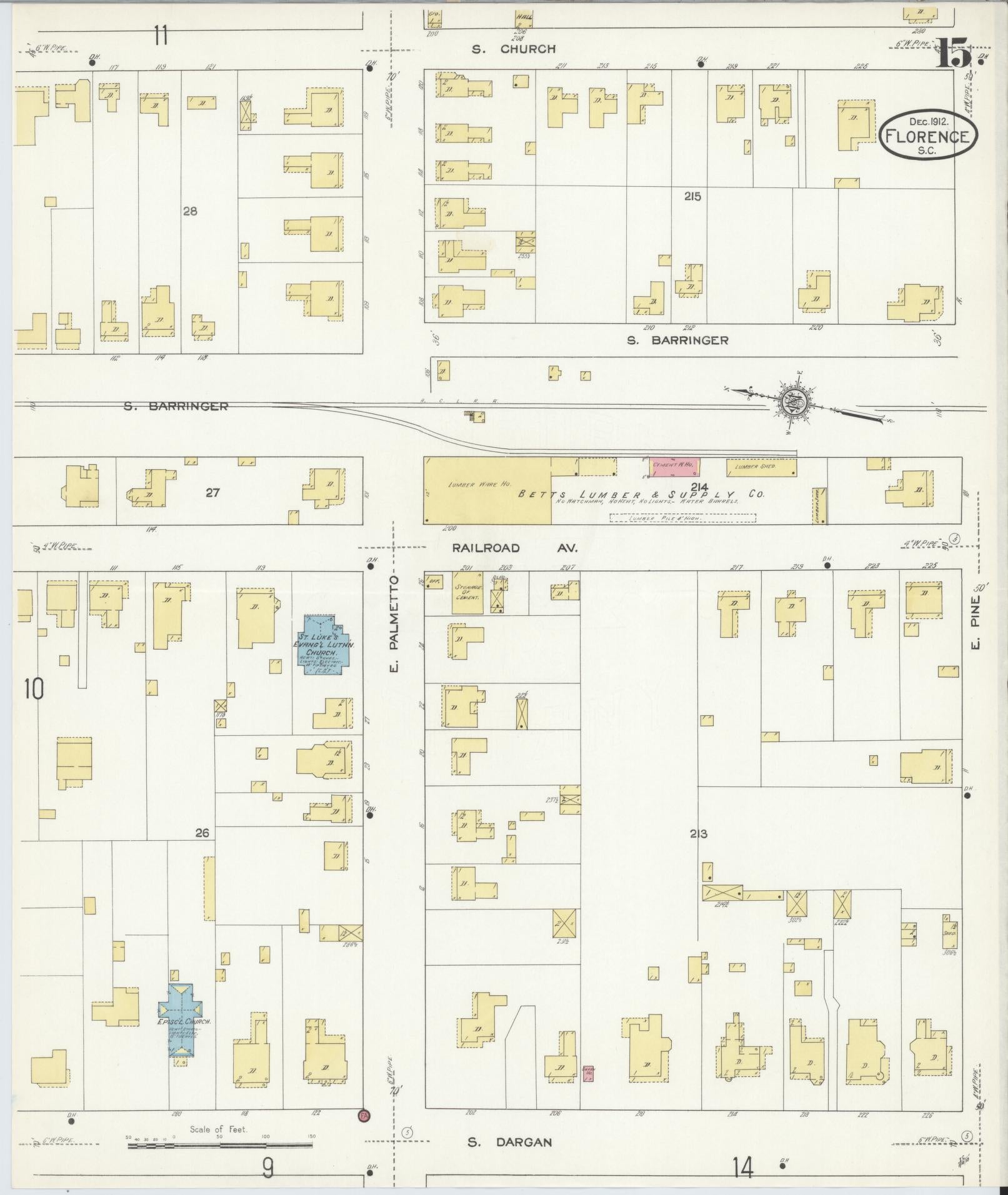 Sanborn Fire Insurance Map from Florence, Florence County, South Carolina (1912), Sheet #0015 - Historic Sanborn Fire Insurance Map Print, vintage old map wall art, antique decor, genealogy gift, South Carolina South Carolina map
