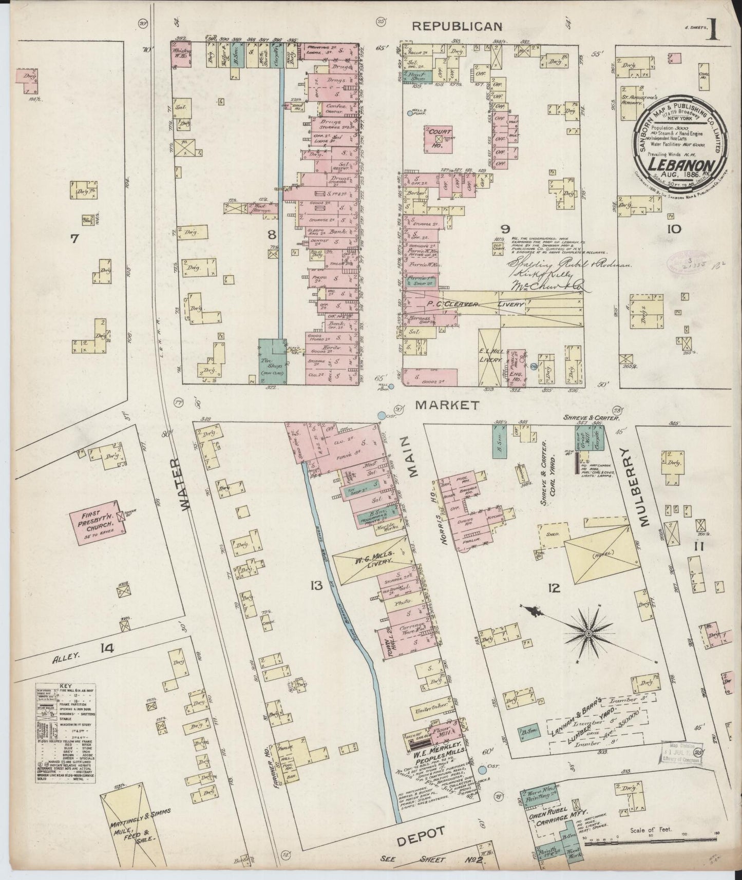Sanborn Fire Insurance Map from Lebanon, Marion County, Kentucky (1886), Sheet #0001 - Complete Map Set gallery image, historic Sanborn map, vintage wall art, Kentucky Kentucky