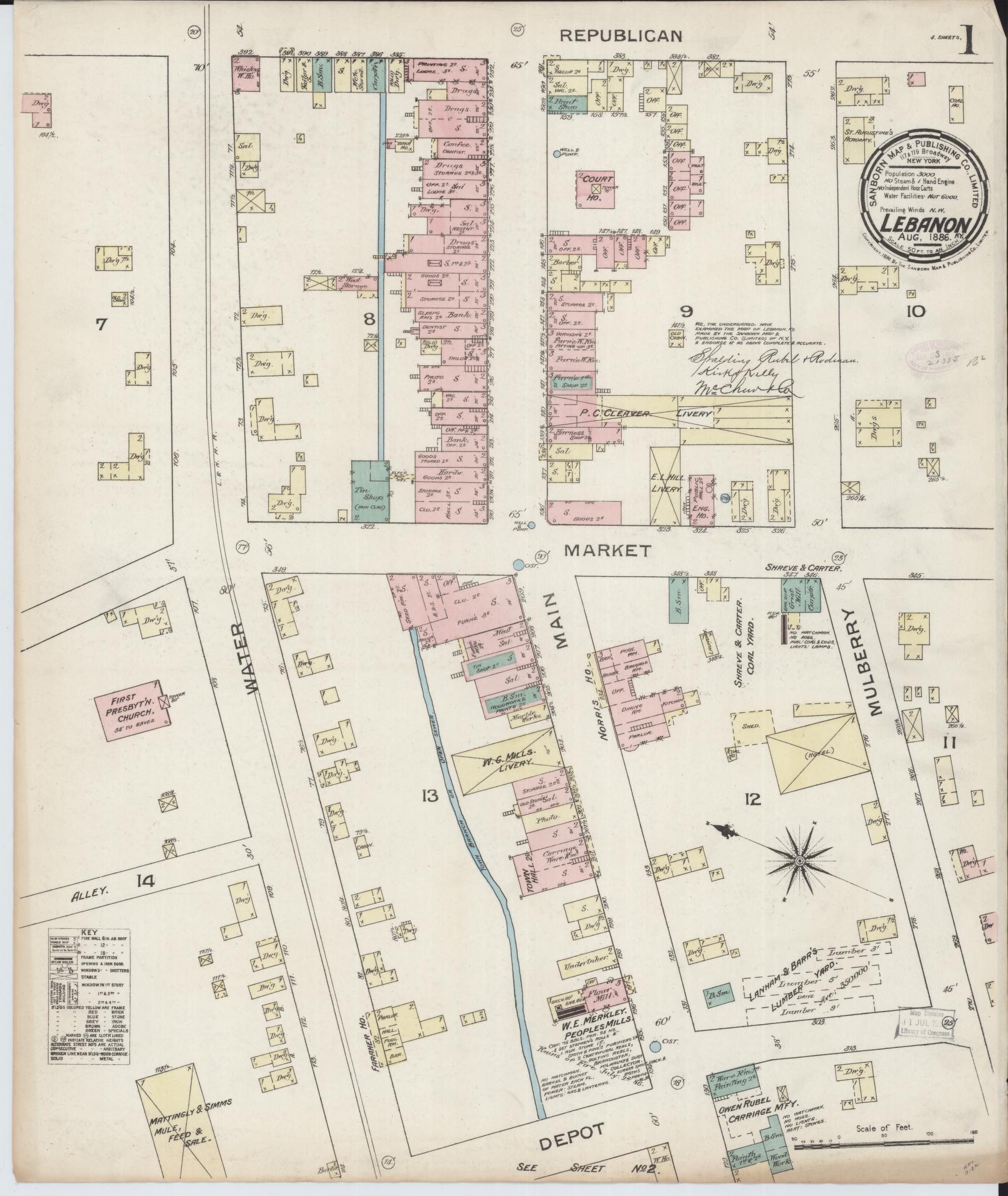 Sanborn Fire Insurance Map from Lebanon, Marion County, Kentucky (1886), Sheet #0001 - Complete Map Set gallery image, historic Sanborn map, vintage wall art, Kentucky Kentucky