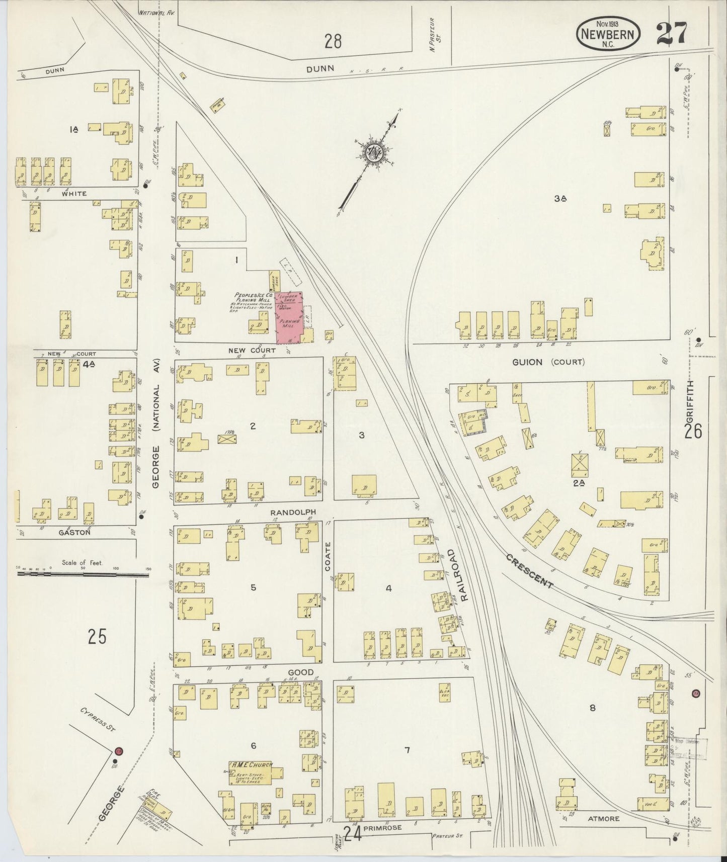 Sanborn Fire Insurance Map from New Bern, Craven County, North Carolina (1913), Sheet #0027 - Historic Sanborn Fire Insurance Map Print, vintage old map wall art, antique decor, genealogy gift, North Carolina North Carolina map
