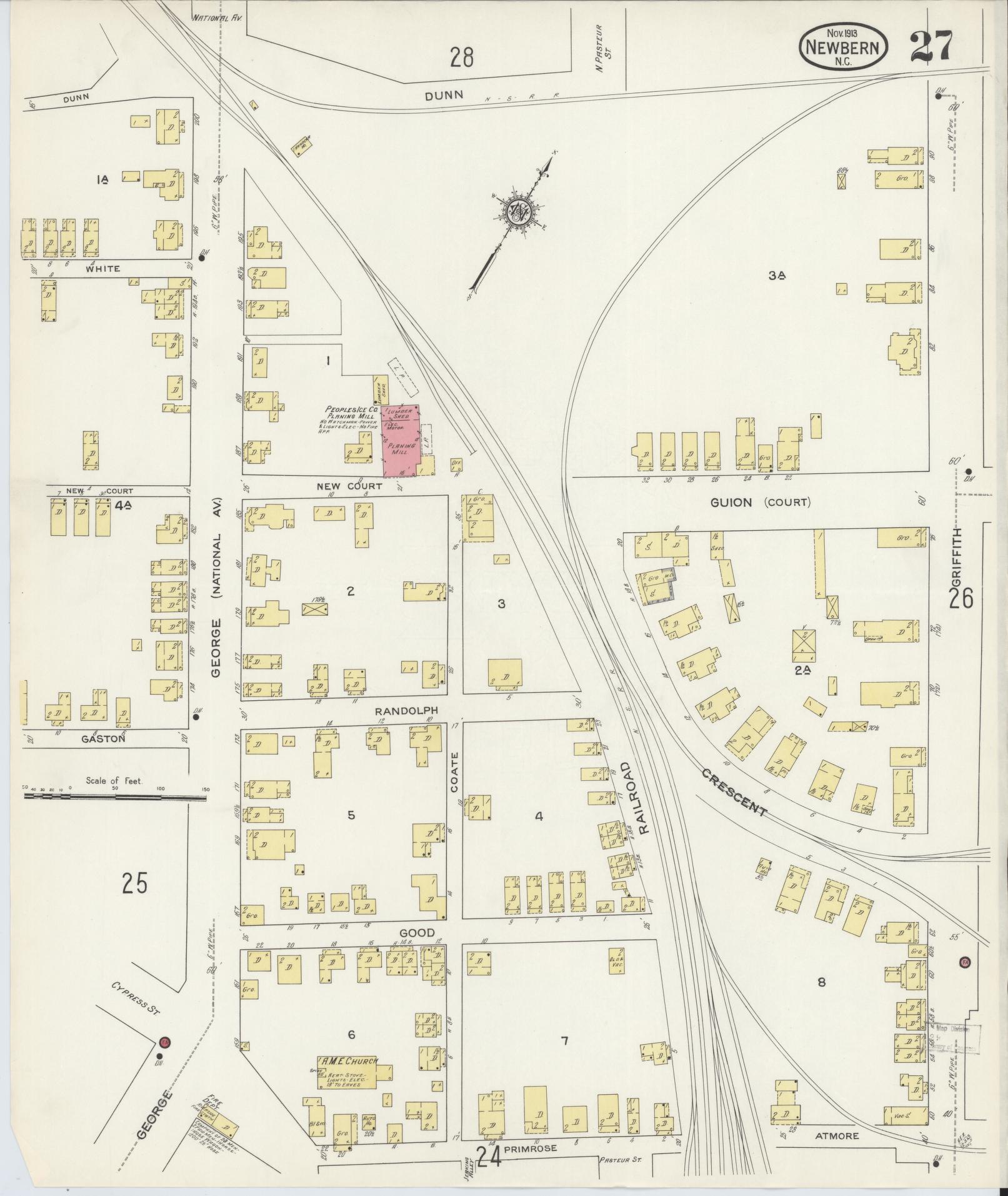 Sanborn Fire Insurance Map from New Bern, Craven County, North Carolina (1913), Sheet #0027 - Historic Sanborn Fire Insurance Map Print, vintage old map wall art, antique decor, genealogy gift, North Carolina North Carolina map