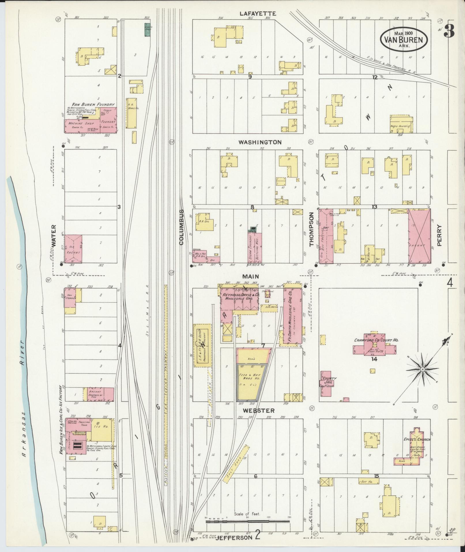Sanborn Fire Insurance Map from Van Buren, Crawford County, Arkansas (1909), Sheet #0003 - Complete Map Set gallery image, historic Sanborn map, vintage wall art, Arkansas Arkansas