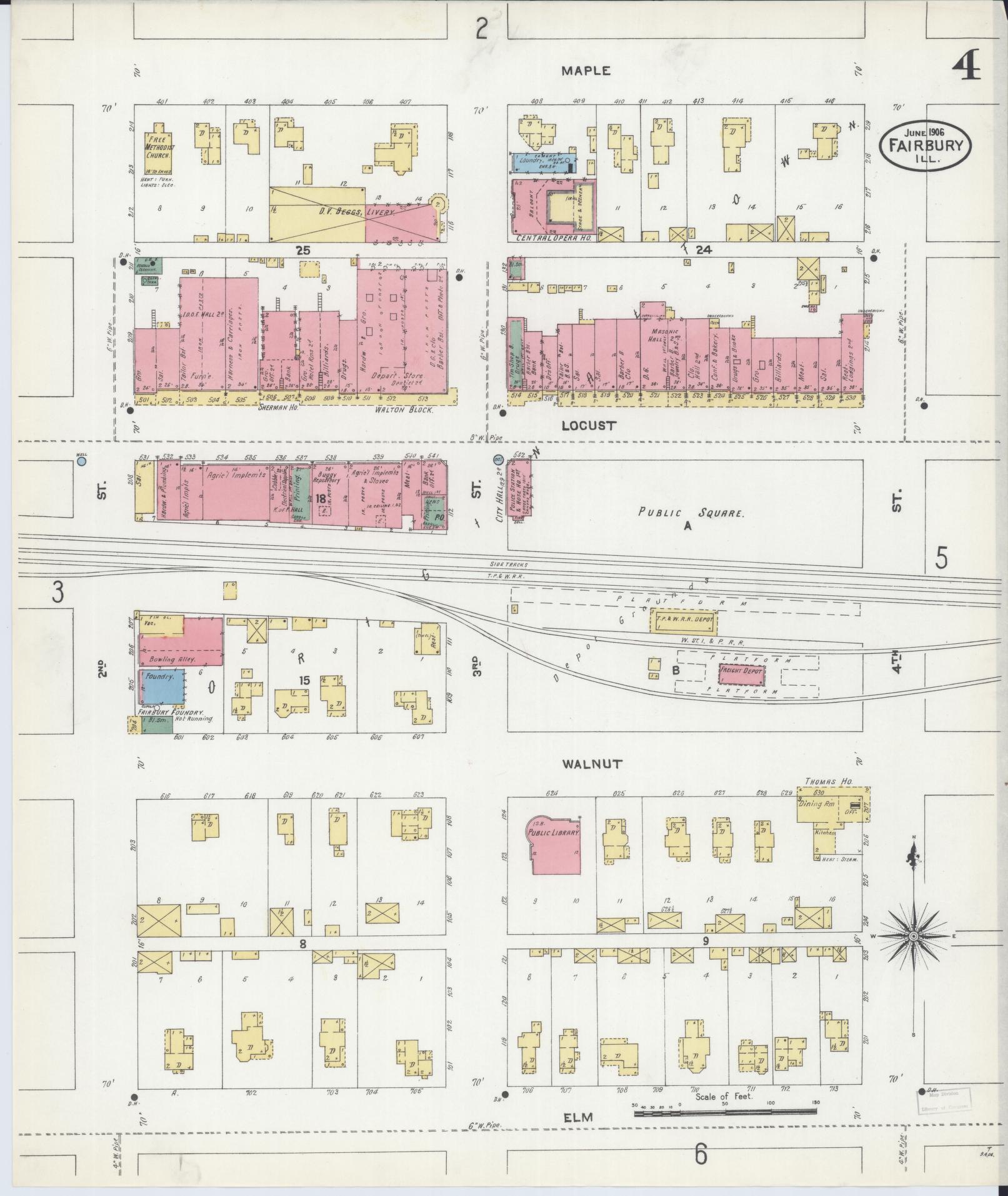 Sanborn Fire Insurance Map from Fairbury, Livingston County, Illinois (1906), Sheet #0004 - Historic Sanborn Fire Insurance Map Print, vintage old map wall art, antique decor, genealogy gift, Illinois Illinois map