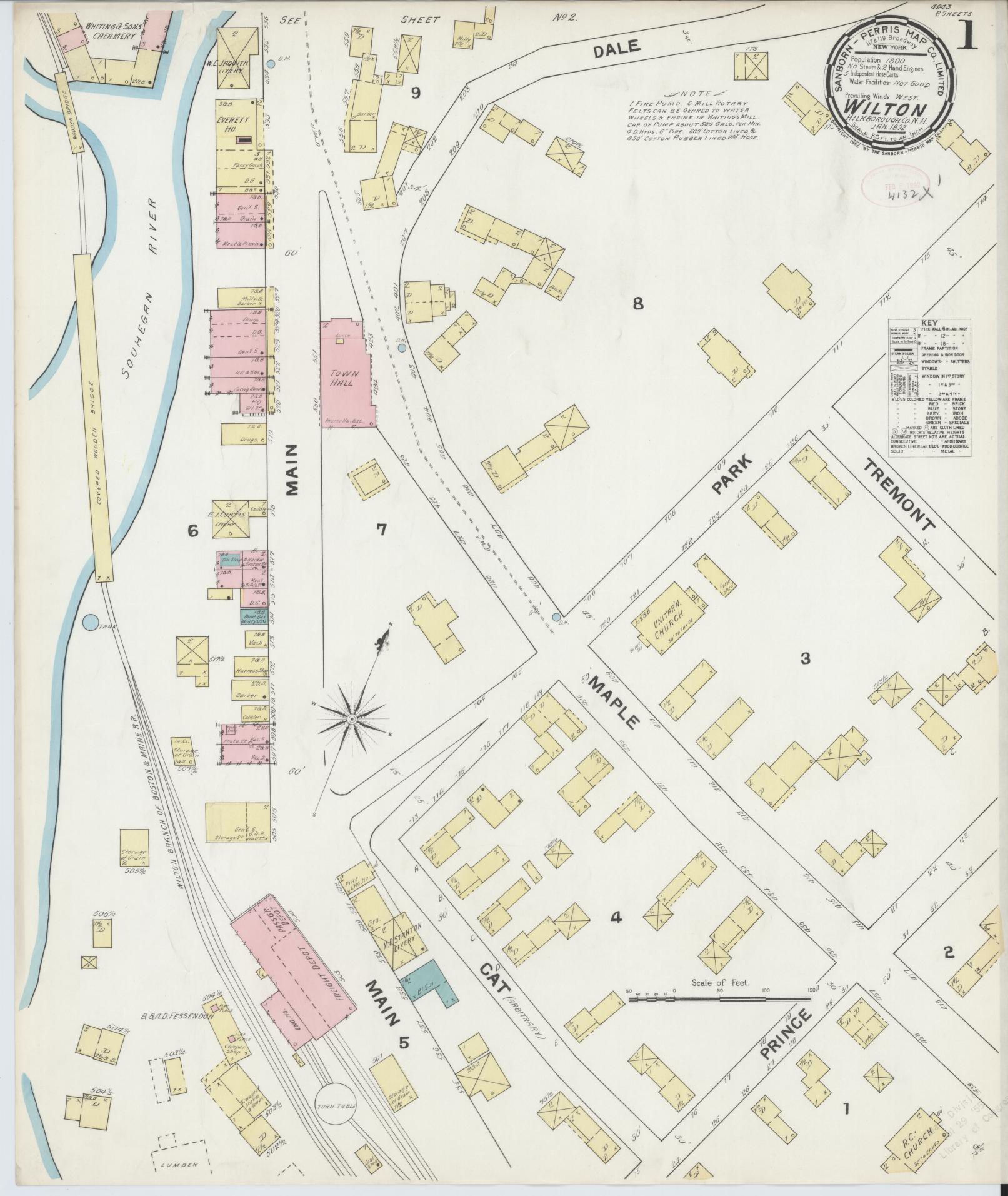 Sanborn Fire Insurance Map from Wilton, Hillsborough County, New Hampshire (1892), Sheet #0001 - Complete Map Set gallery image, historic Sanborn map, vintage wall art, New Hampshire New Hampshire