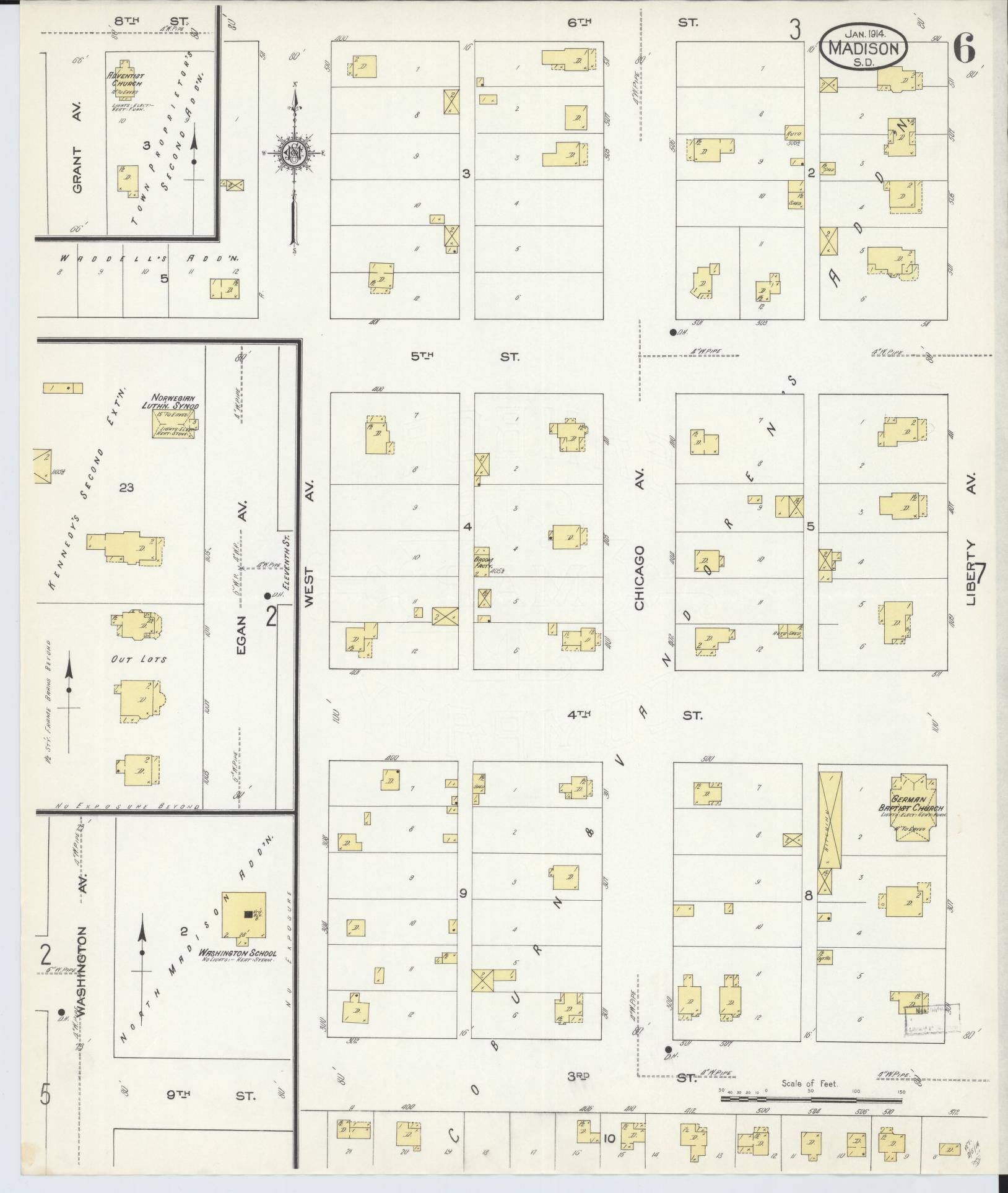 Sanborn Fire Insurance Map from Madison, Lake County, South Dakota (1914), Sheet #0006 - Complete Map Set gallery image, historic Sanborn map, vintage wall art, South Dakota South Dakota