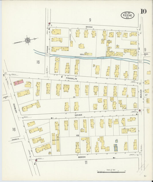Sanborn Fire Insurance Map from Keene, Cheshire County, New Hampshire (1913), Sheet #0010 - Historic Sanborn Fire Insurance Map Print, vintage old map wall art, antique decor, genealogy gift, New Hampshire New Hampshire map