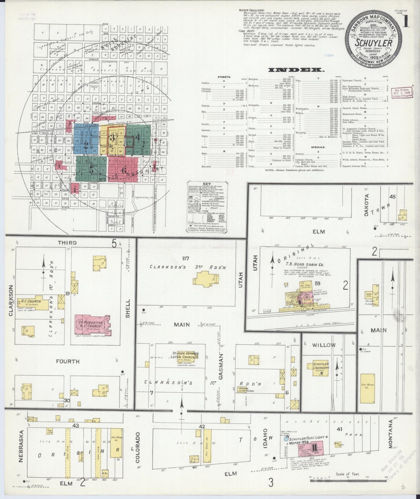 Sanborn Fire Insurance Map from Schuyler, Colfax County, Nebraska (1909), Sheet #0001 - Historic Sanborn Fire Insurance Map Print, vintage old map wall art, antique decor, genealogy gift, Nebraska Nebraska map