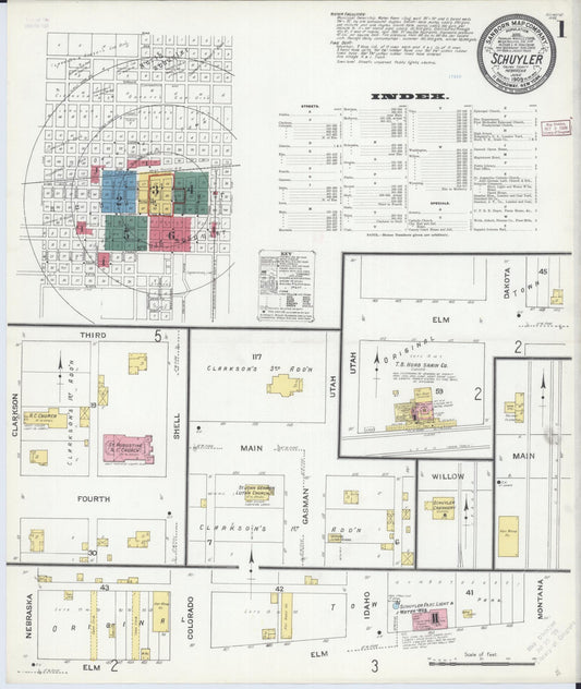 Sanborn Fire Insurance Map from Schuyler, Colfax County, Nebraska (1909), Sheet #0001 - Historic Sanborn Fire Insurance Map Print, vintage old map wall art, antique decor, genealogy gift, Nebraska Nebraska map