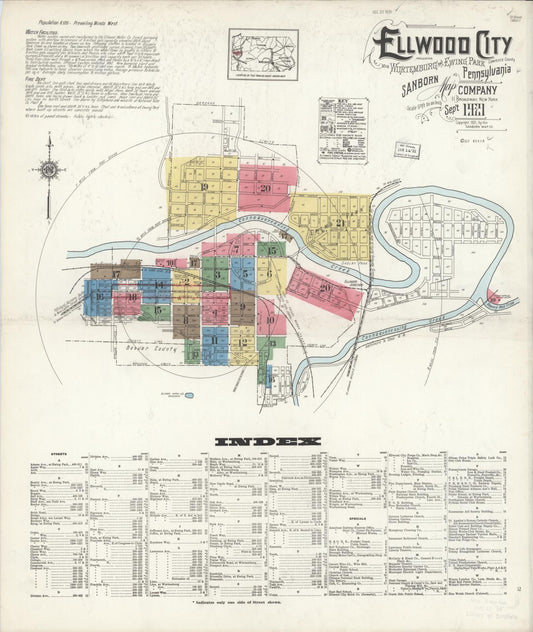 Sanborn Fire Insurance Map from Ellwood City, Lawrence County, Pennsylvania (1921), Sheet #0001 - Historic Sanborn Fire Insurance Map Print, vintage old map wall art, antique decor, genealogy gift, Pennsylvania Pennsylvania map