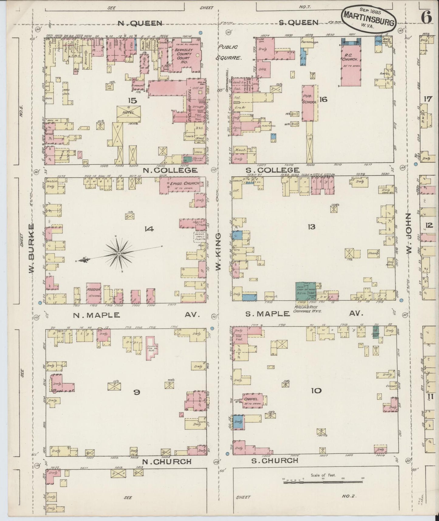 Sanborn Fire Insurance Map from Martinsburg, Berkeley County, West Virginia (1885), Sheet #0006 - Historic Sanborn Fire Insurance Map Print, vintage old map wall art, antique decor, genealogy gift, West Virginia West Virginia map