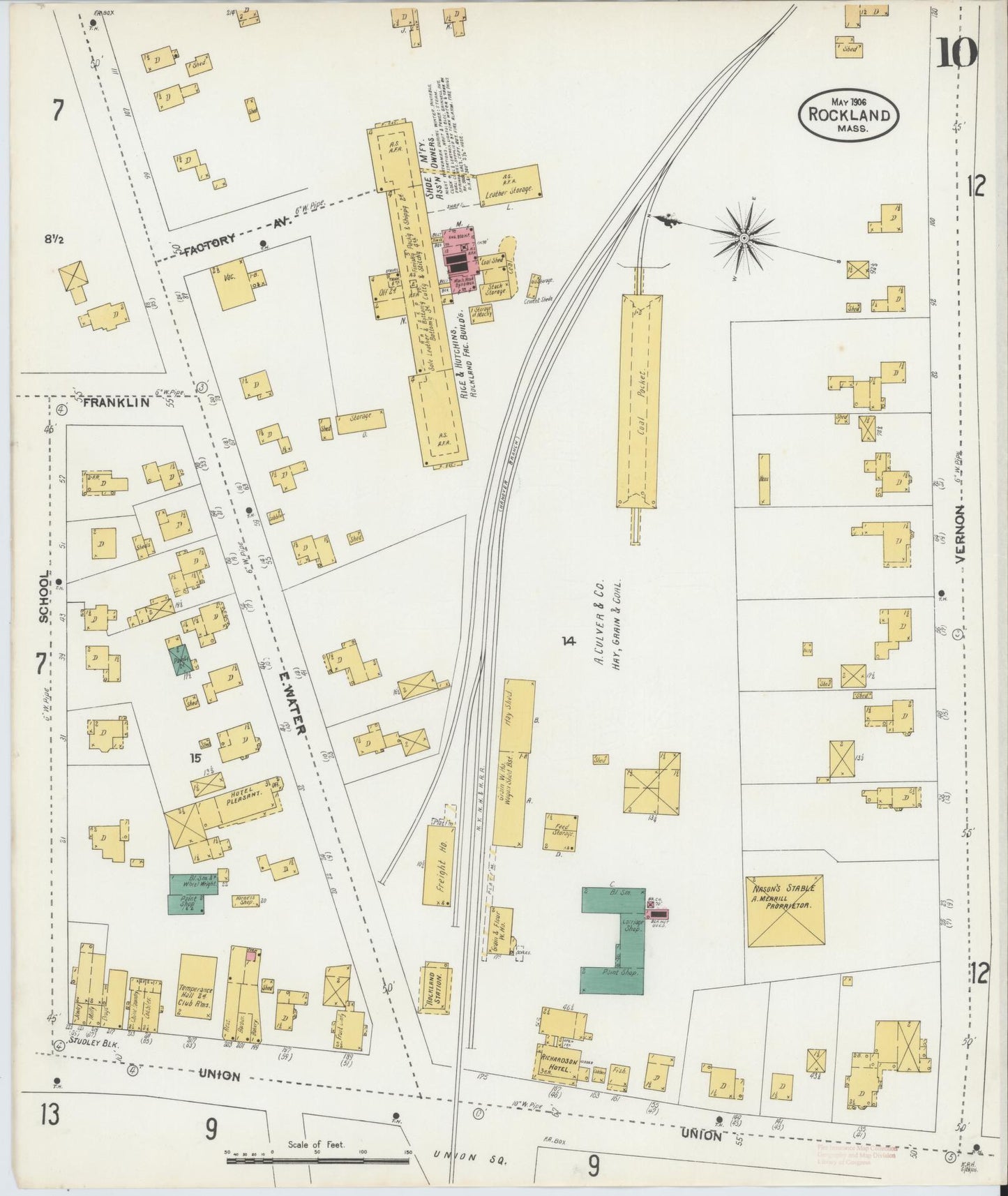 Sanborn Fire Insurance Map from Rockland, Plymouth County, Massachusetts (1906), Sheet #0010 - Complete Map Set gallery image, historic Sanborn map, vintage wall art, Massachusetts Massachusetts