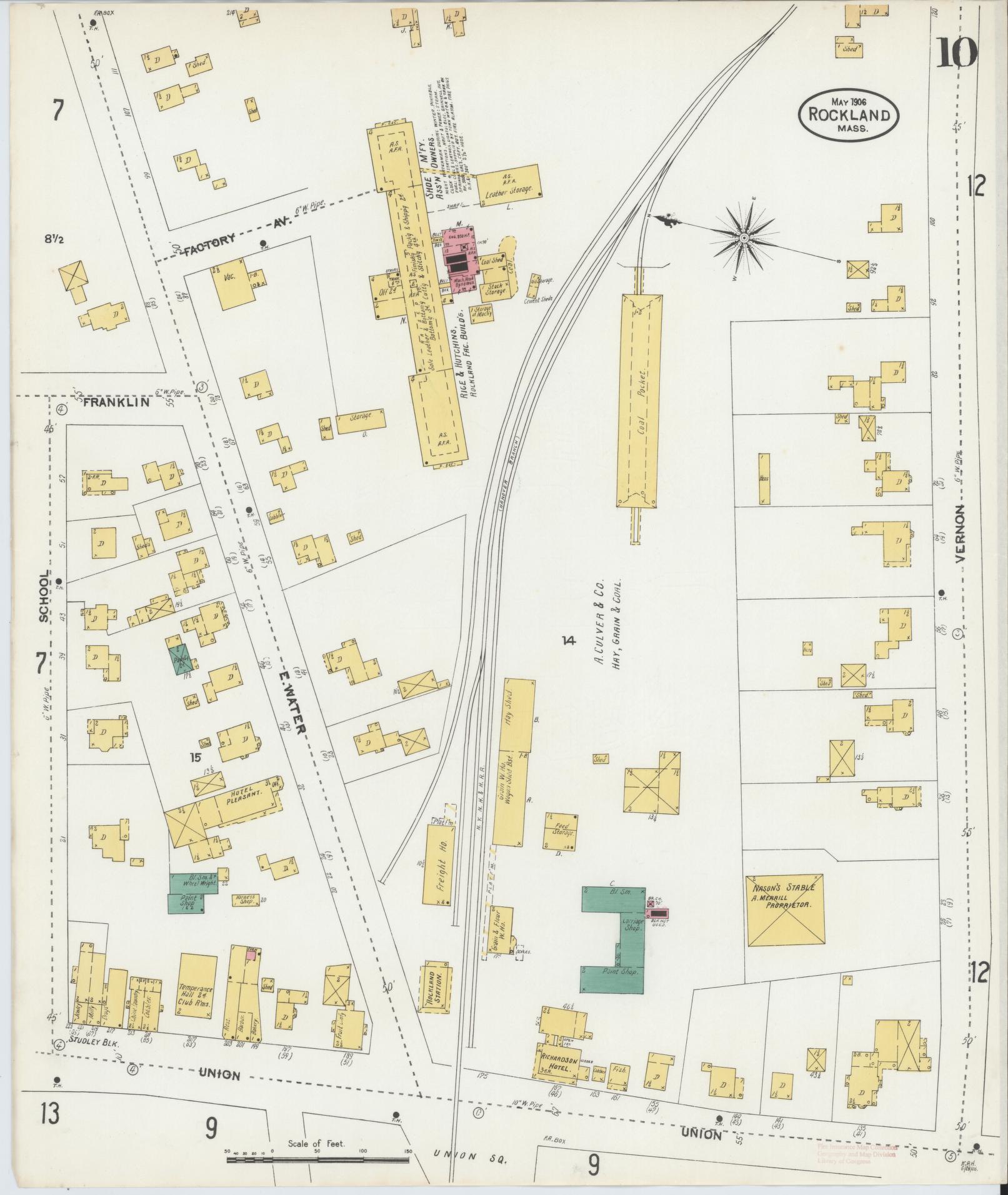 Sanborn Fire Insurance Map from Rockland, Plymouth County, Massachusetts (1906), Sheet #0010 - Complete Map Set gallery image, historic Sanborn map, vintage wall art, Massachusetts Massachusetts