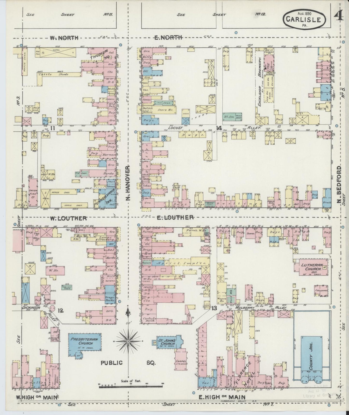 Sanborn Fire Insurance Map from Carlisle, Cumberland County, Pennsylvania (1890), Sheet #0004 - Historic Sanborn Fire Insurance Map Print, vintage old map wall art, antique decor, genealogy gift, Pennsylvania Pennsylvania map
