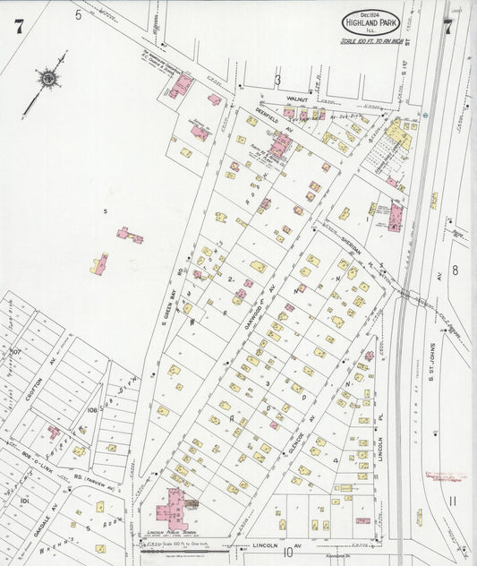 Sanborn Fire Insurance Map from Highland Park, Lake County, Illinois (1924), Sheet #0007 - Historic Sanborn Fire Insurance Map Print, vintage old map wall art, antique decor, genealogy gift, Illinois Illinois map