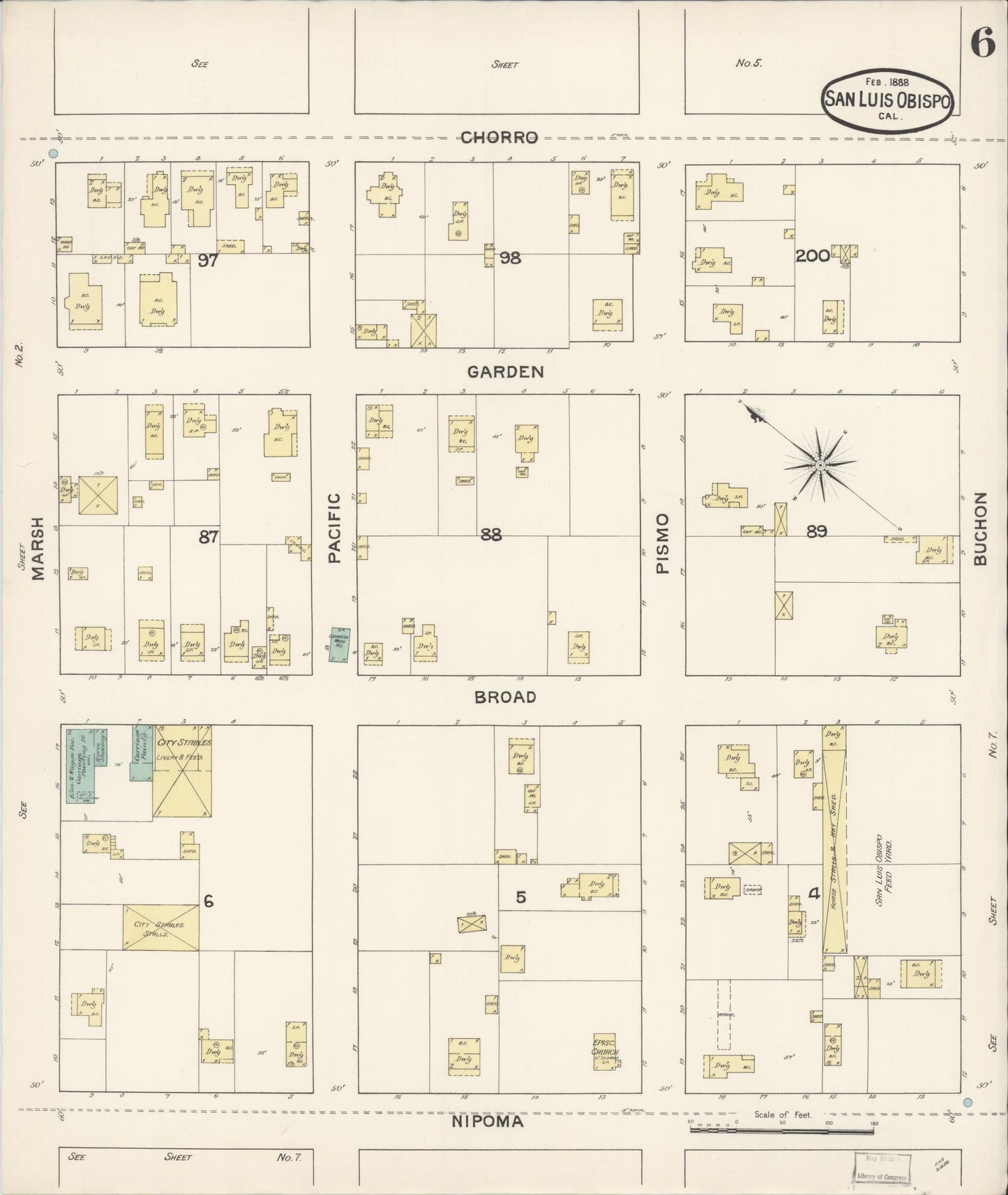 Sanborn Fire Insurance Map from San Luis Obispo, San Luis Obispo County, California (1888), Sheet #0006 - Complete Map Set gallery image, historic Sanborn map, vintage wall art, California California