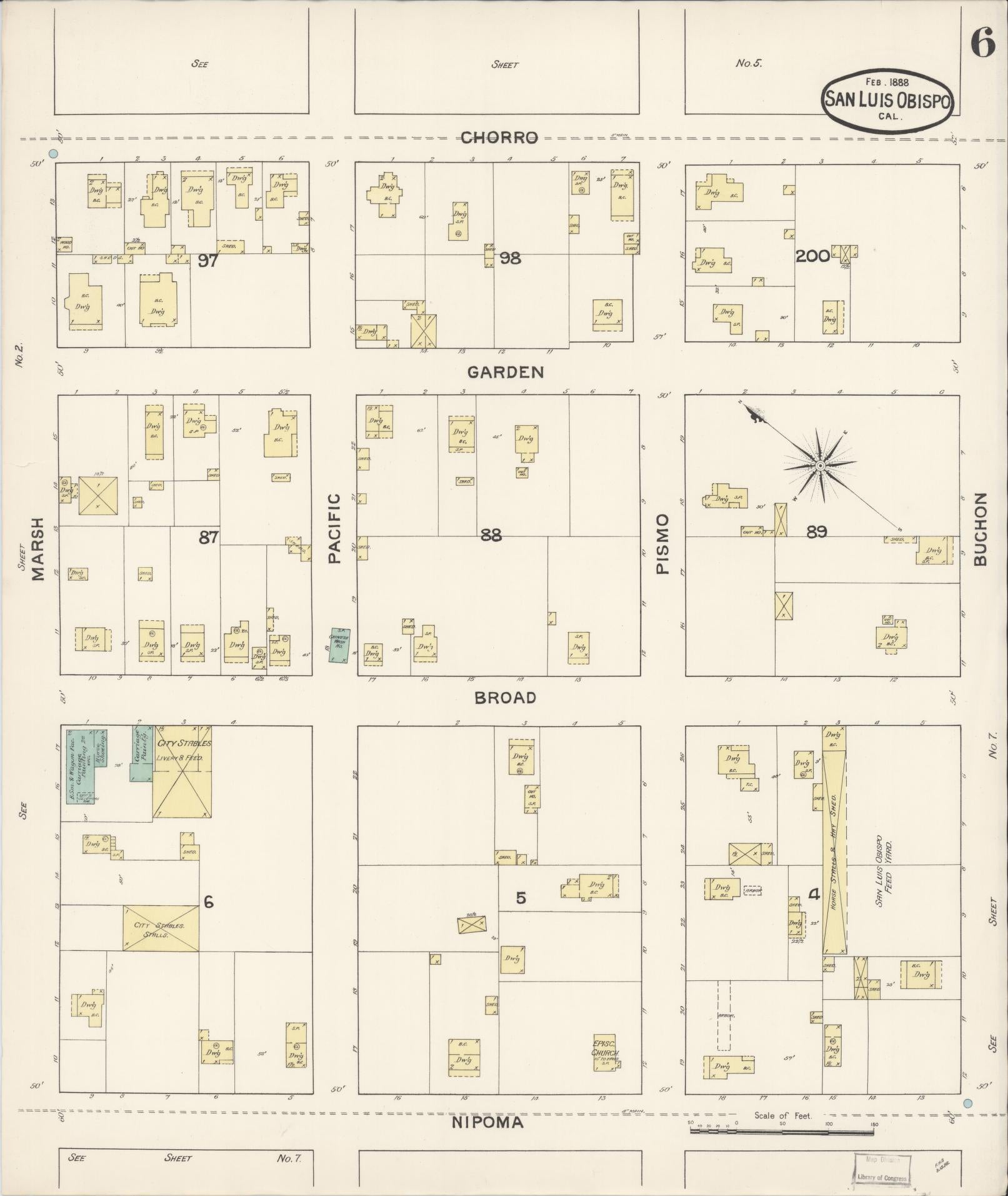 Sanborn Fire Insurance Map from San Luis Obispo, San Luis Obispo County, California (1888), Sheet #0006 - Complete Map Set gallery image, historic Sanborn map, vintage wall art, California California
