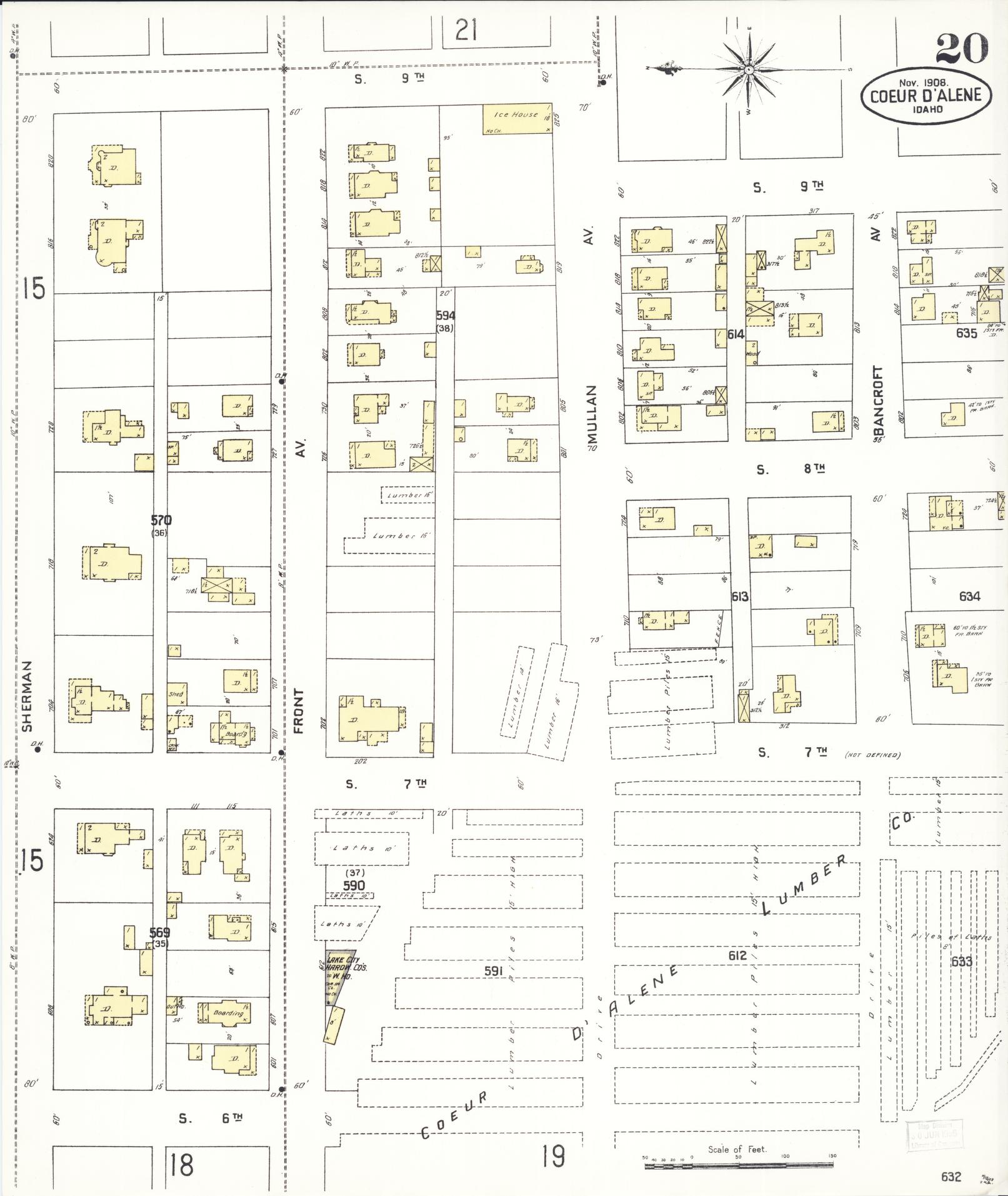 Sanborn Fire Insurance Map from Coeur D'alene, Kootenai County, Idaho (1908), Sheet #0020 - Complete Map Set gallery image, historic Sanborn map, vintage wall art, Idaho Idaho