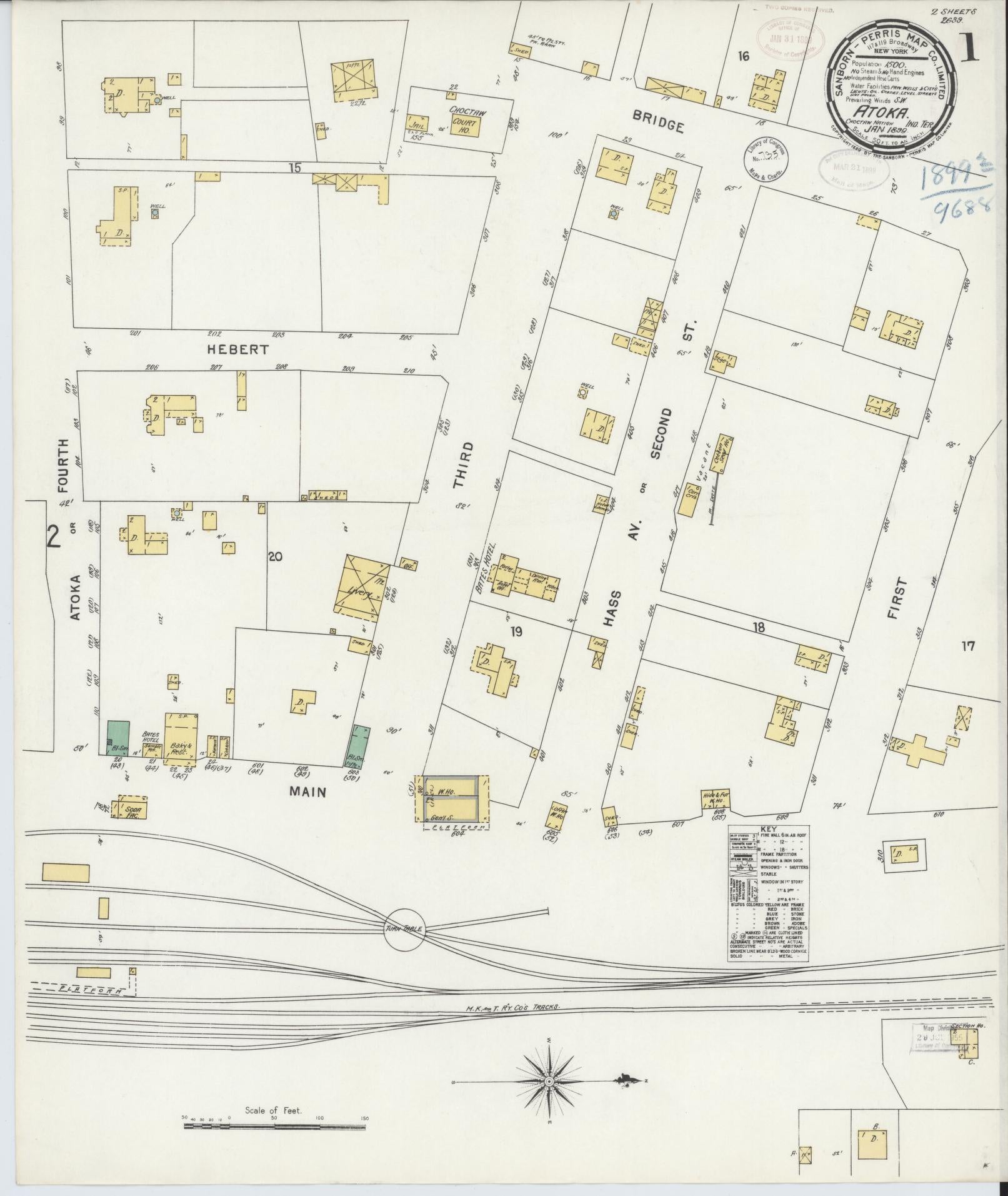 Sanborn Fire Insurance Map from Atoka, Atoka County, Oklahoma (1899), Sheet #0001 - Historic Sanborn Fire Insurance Map Print, vintage old map wall art, antique decor, genealogy gift, Oklahoma Oklahoma map