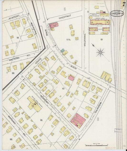 Sanborn Fire Insurance Map from Oneonta, Otsego County, New York (1893), Sheet #0007 - Historic Sanborn Fire Insurance Map Print, vintage old map wall art, antique decor, genealogy gift, New York New York map