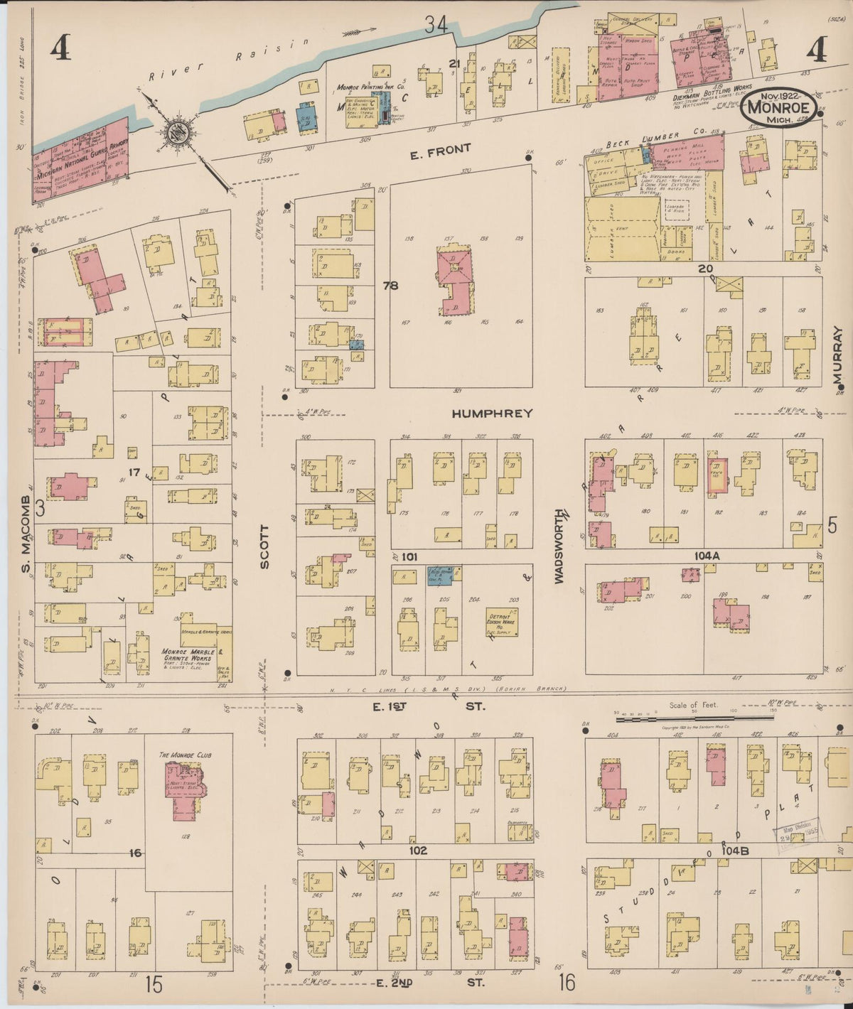 Sanborn Fire Insurance Map from Monroe, Monroe County, Michigan (1922), Sheet #0004 - Historic Sanborn Fire Insurance Map Print, vintage old map wall art, antique decor, genealogy gift, Michigan Michigan map