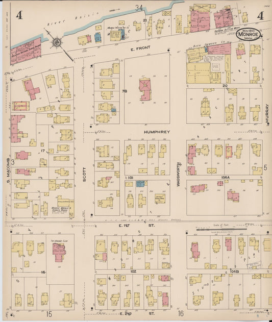Sanborn Fire Insurance Map from Monroe, Monroe County, Michigan (1922), Sheet #0004 - Historic Sanborn Fire Insurance Map Print, vintage old map wall art, antique decor, genealogy gift, Michigan Michigan map