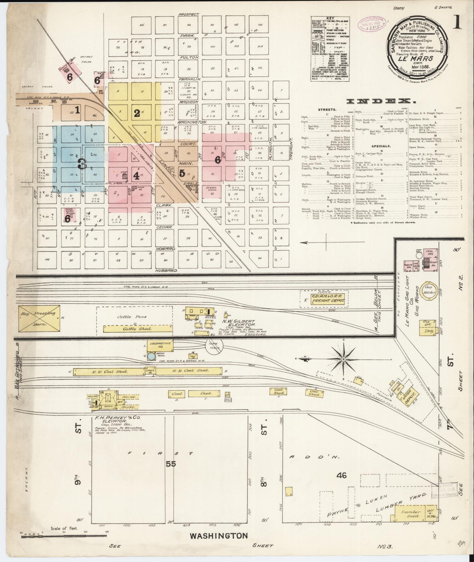 Sanborn Fire Insurance Map from Le Mars, Plymouth County, Iowa (1888), Sheet #0001 - Historic Sanborn Fire Insurance Map Print, vintage old map wall art